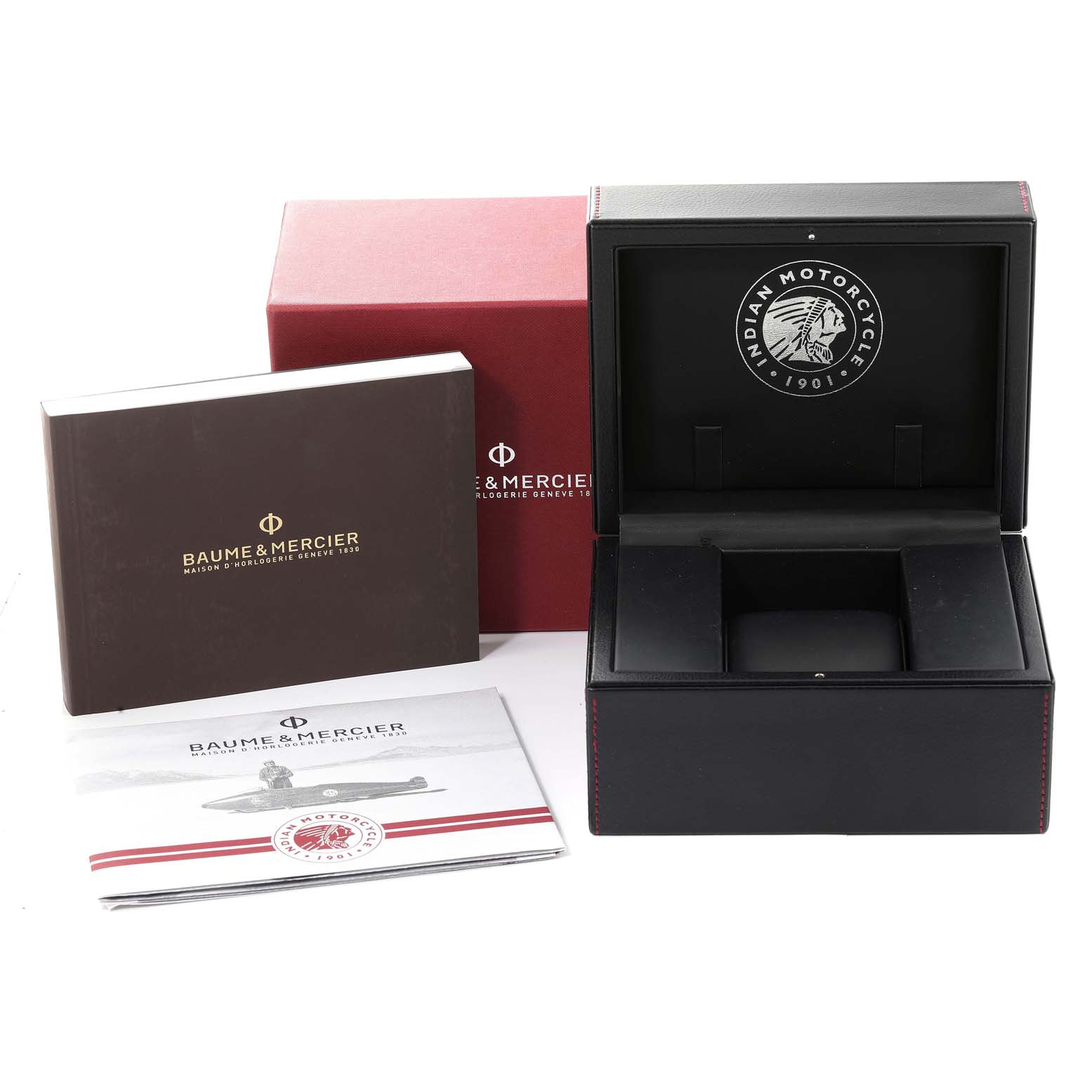 The image shows the packaging, booklet, and presentation box of the Baume & Mercier Clifton M0A65843 Men's Stainless Steel Black Dial M0A65843 Men's Stainless Steel Black Dial model watch.