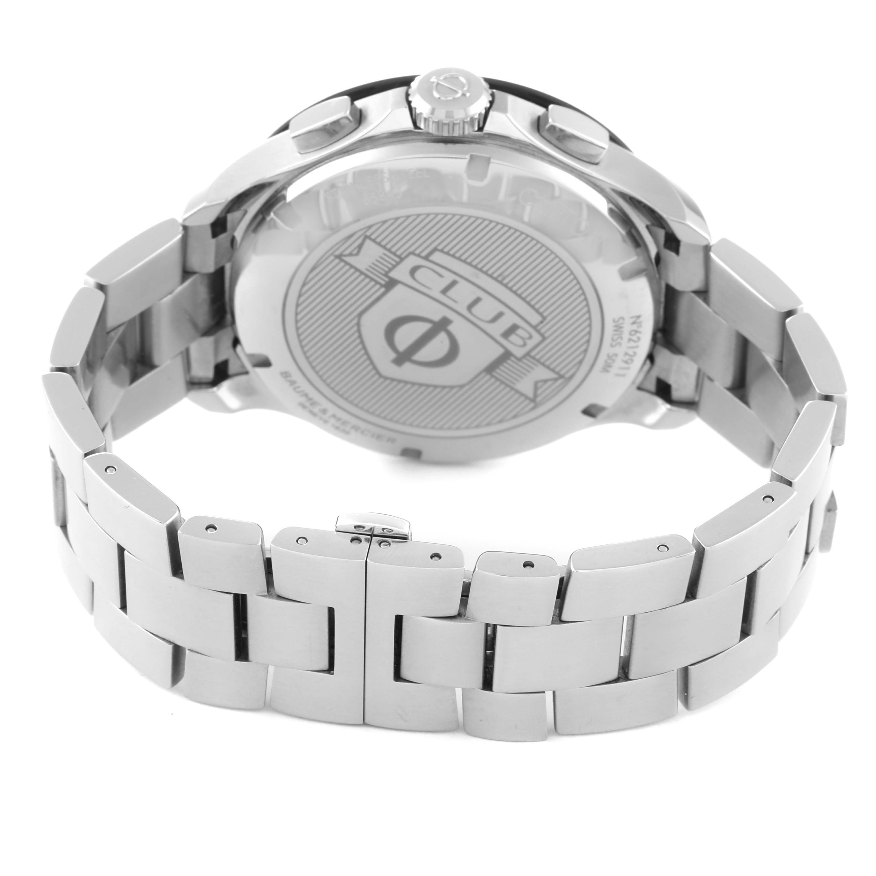 The image shows the back view of a Baume & Mercier Clifton M0A65843 Men's Stainless Steel Black Dial M0A65843 Men's Stainless Steel Black Dial watch, focusing on its caseback and stainless steel bracelet.