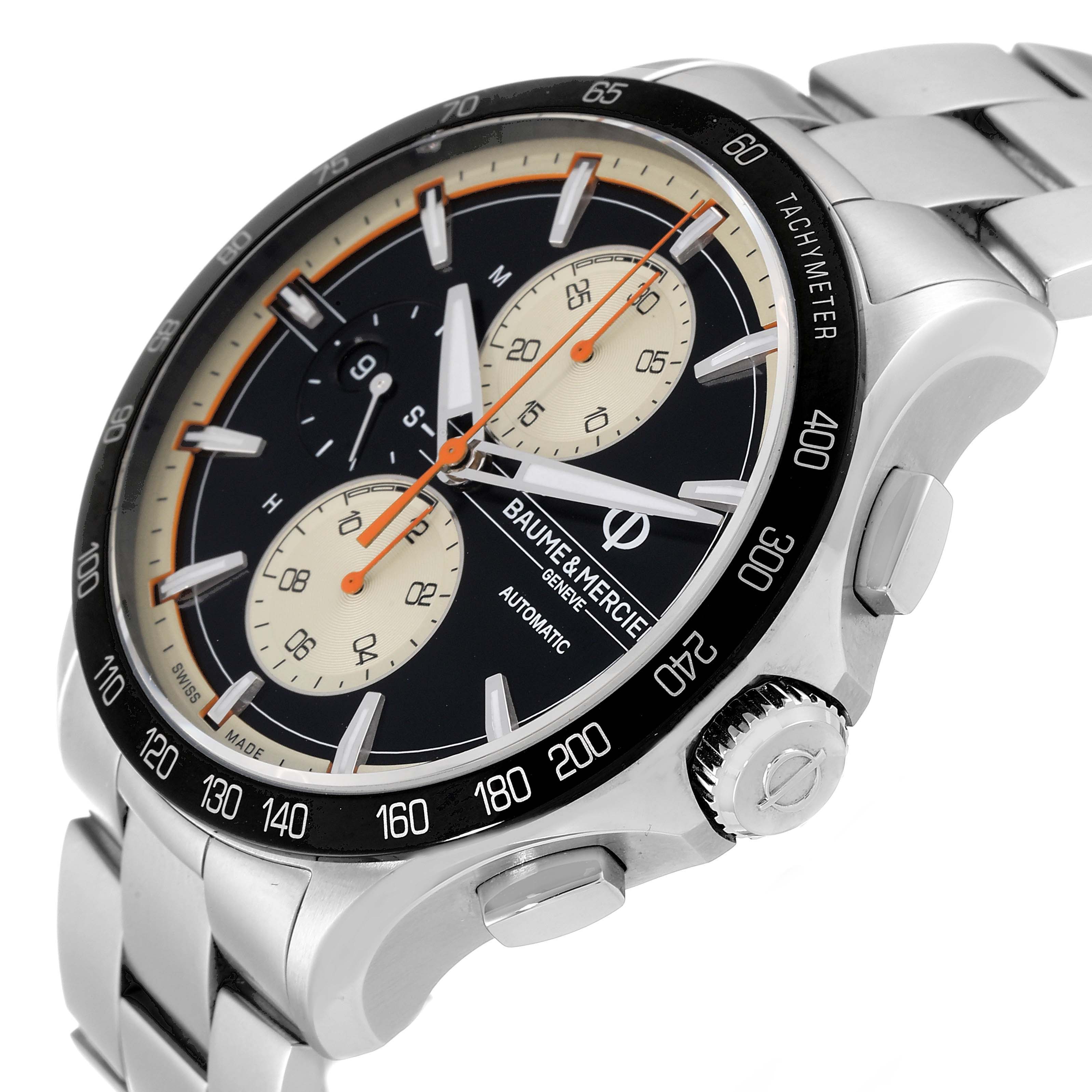 The image shows a Baume & Mercier Clifton M0A65843 Men's Stainless Steel Black Dial M0A65843 Men's Stainless Steel Black Dial watch from an angled side view, highlighting the dial, crown, and tachymeter bezel.