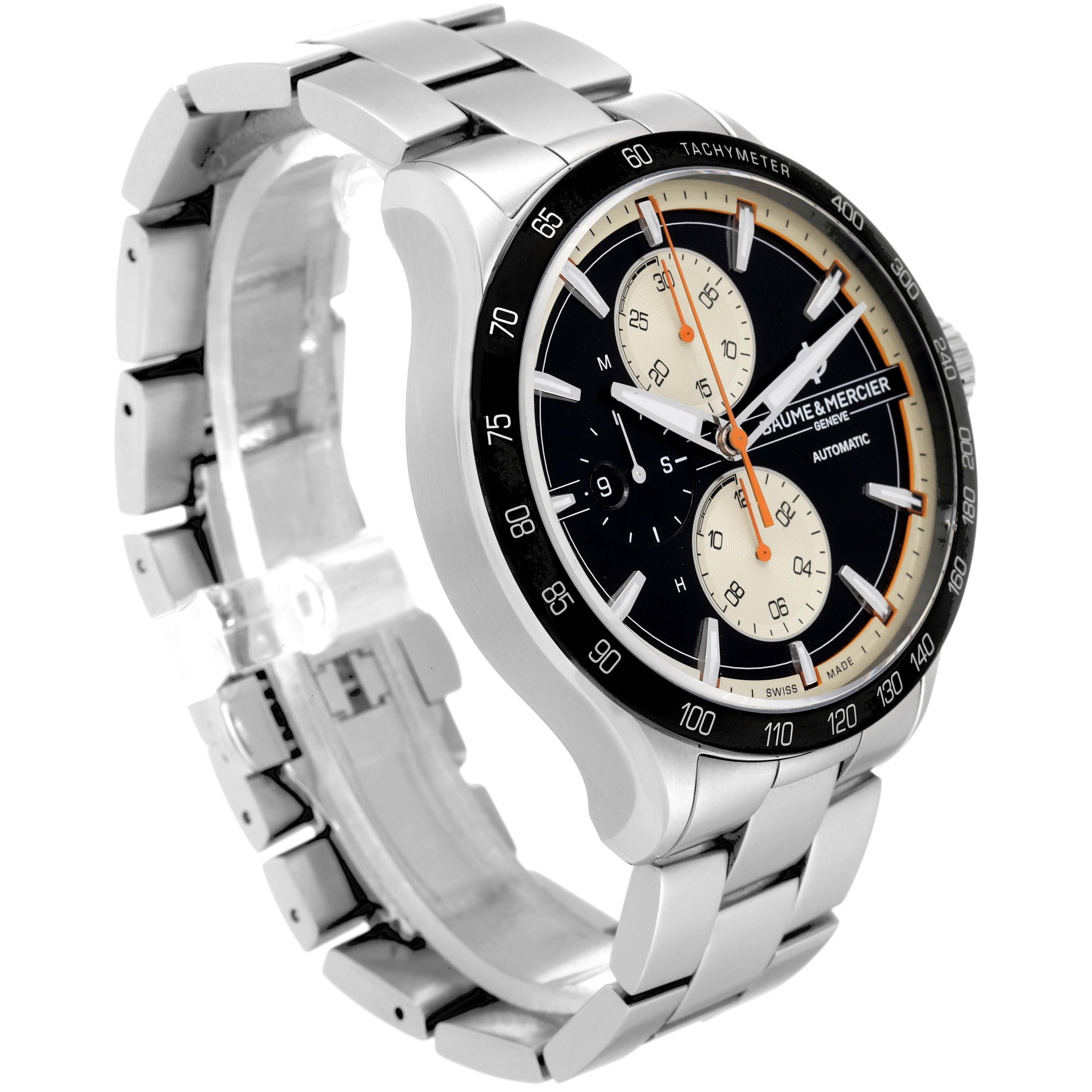 The image shows a Baume & Mercier Clifton M0A65843 Men's Stainless Steel Black Dial M0A65843 Men's Stainless Steel Black Dial watch at an angle displaying its face, bezel, and metal bracelet.