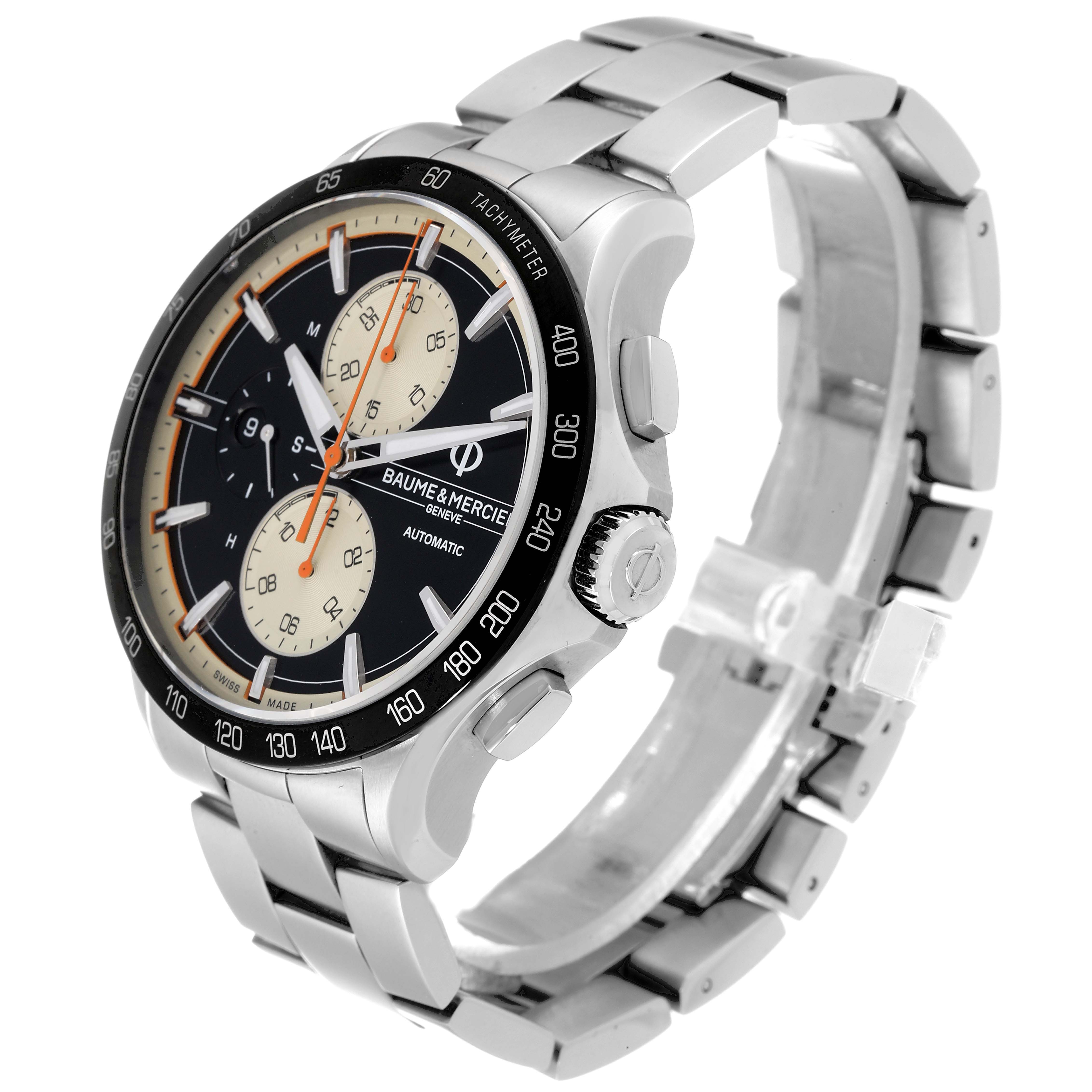 The Baume & Mercier Clifton M0A65843 Men's Stainless Steel Black Dial M0A65843 Men's Stainless Steel Black Dial watch is shown from a front-left angle, displaying its dial, bezel, crown, and bracelet.