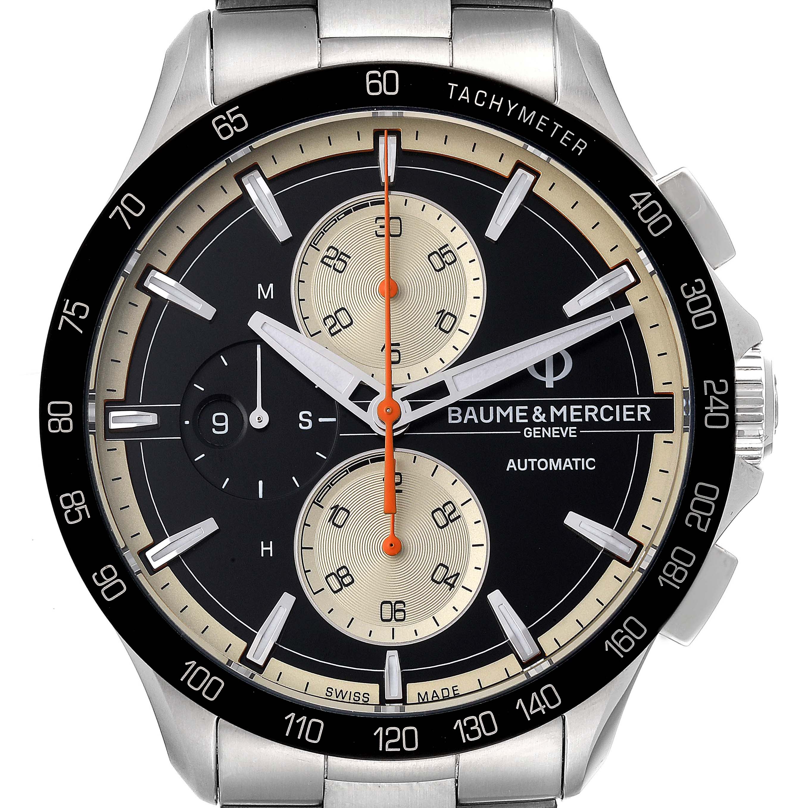 The image shows a front view of the Baume & Mercier Clifton M0A65843 Men's Stainless Steel Black Dial M0A65843 Men's Stainless Steel Black Dial model watch, highlighting its dial and chronograph features.