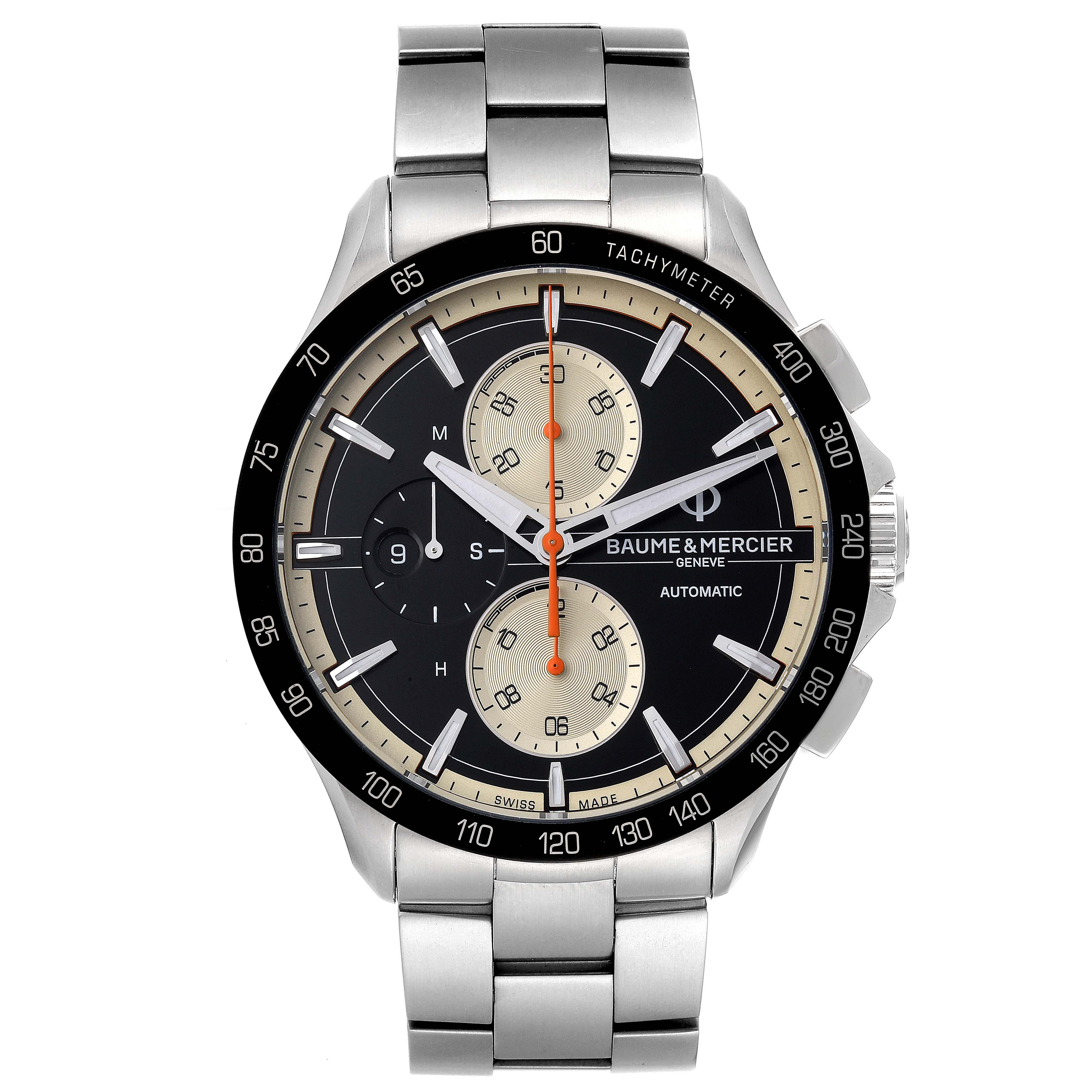 The Baume & Mercier Clifton M0A65843 Men's Stainless Steel Black Dial M0A65843 Men's Stainless Steel Black Dial watch is shown from a front angle, displaying its dial, chronograph, bezel, and bracelet.