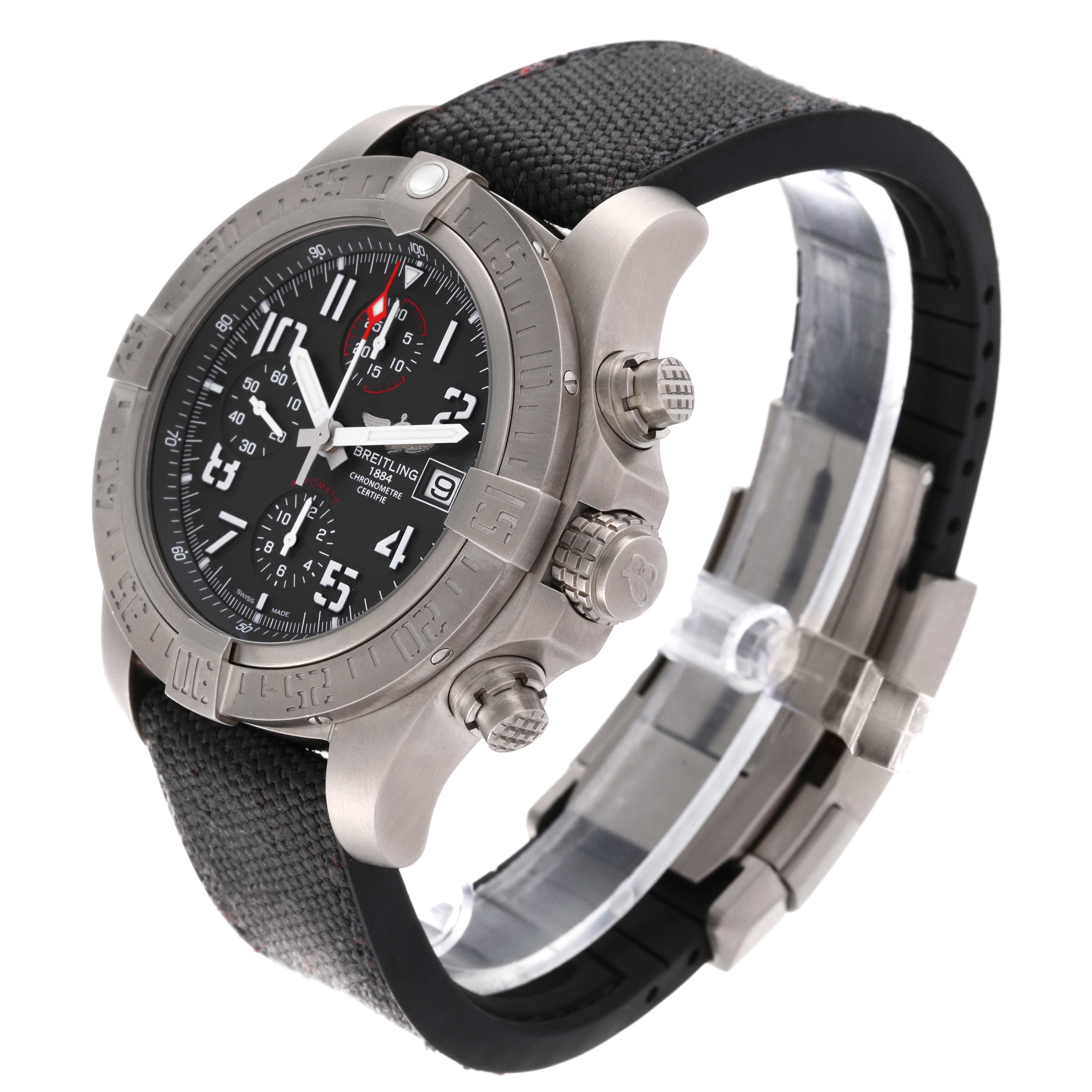 The image shows a side angled view of a Breitling Avenger E13383 Men's Titanium Grey Dial E13383 Men's Titanium Grey Dial watch, highlighting the dial, bezel, crown, pushers, and strap.