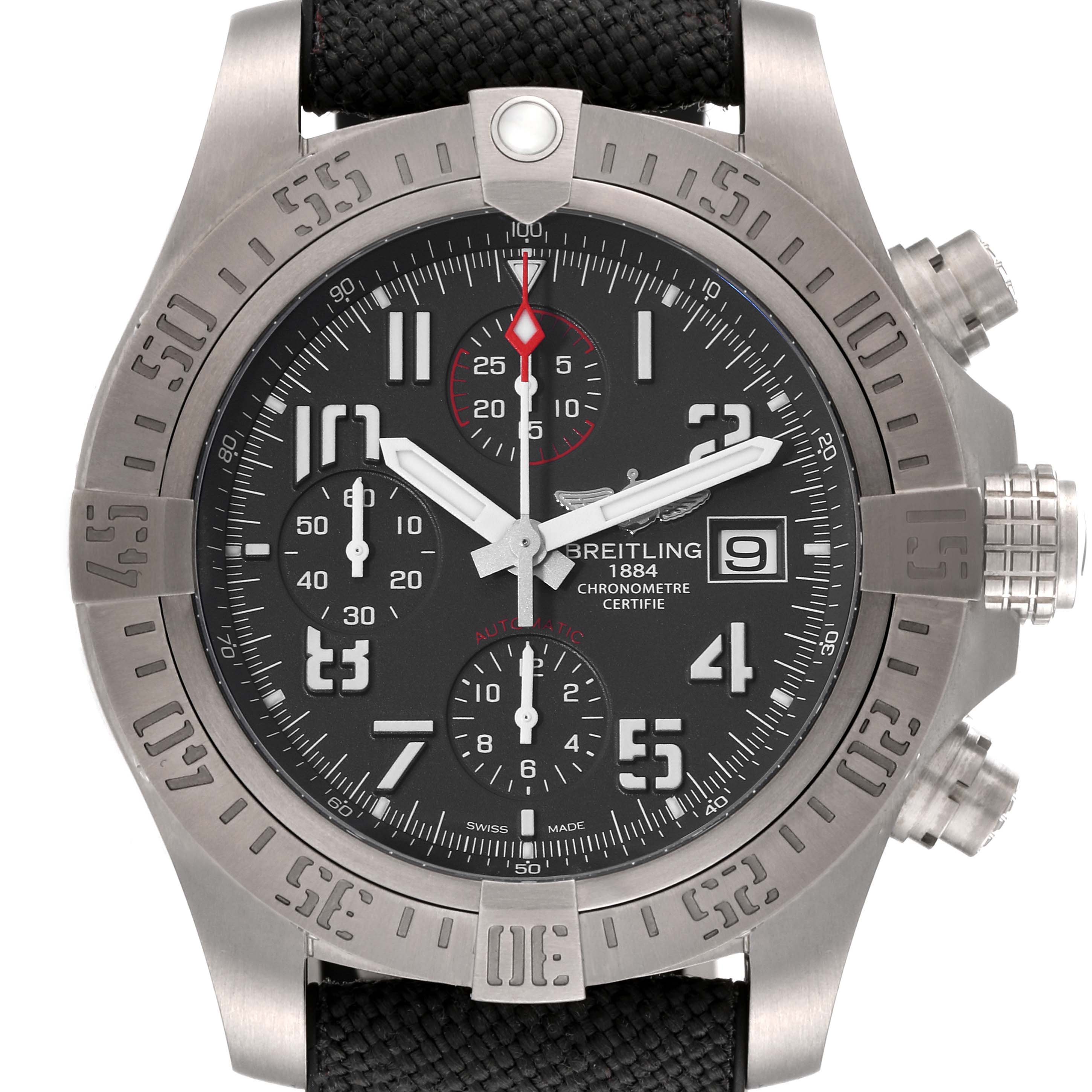 The image shows a front view of a Breitling Avenger E13383 Men's Titanium Grey Dial E13383 Men's Titanium Grey Dial watch, highlighting its black dial, bezel, and chronograph features.