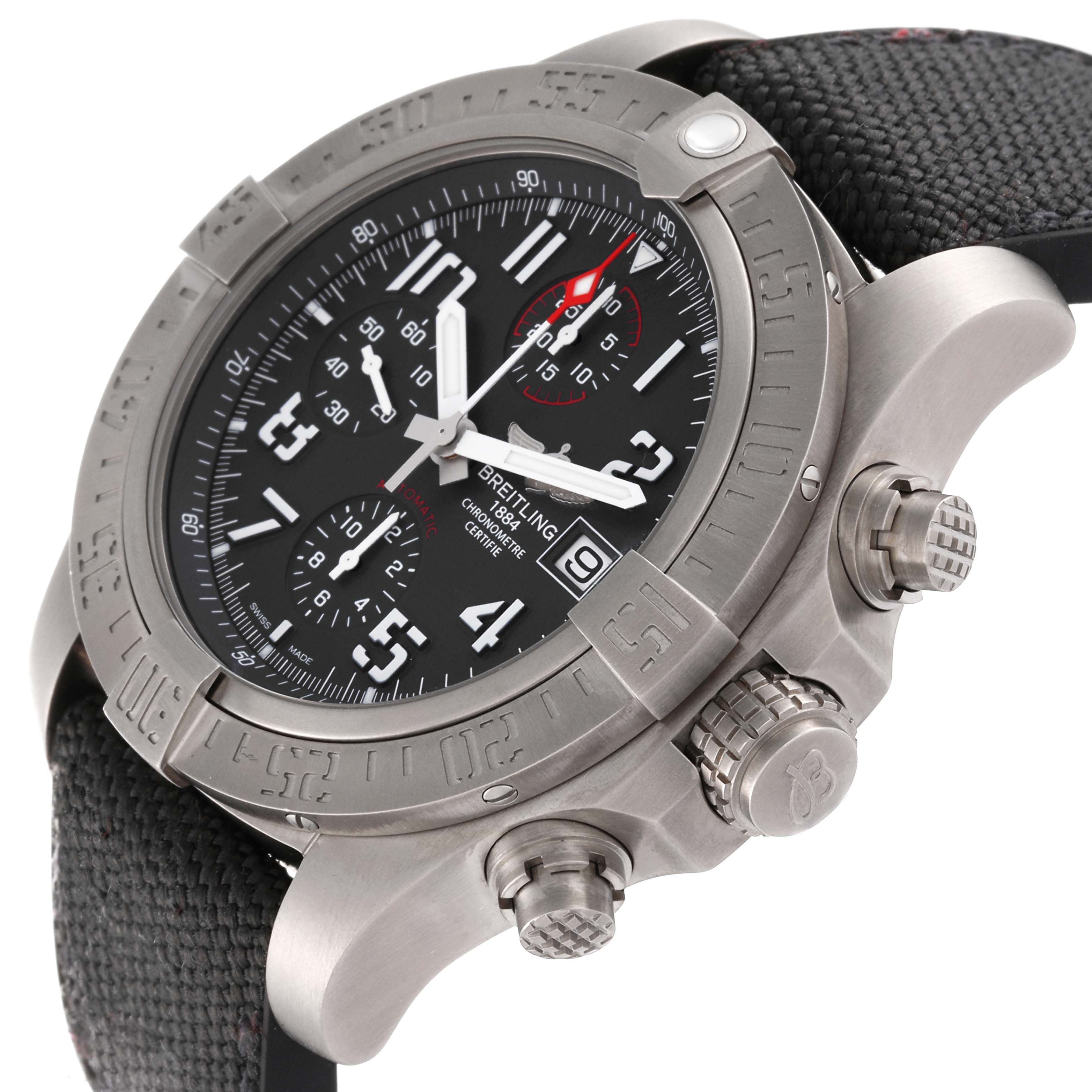 The Breitling Avenger E13383 Men's Titanium Grey Dial E13383 Men's Titanium Grey Dial watch is shown at an angle, highlighting its dial, bezel, crown, and chronograph pushers.