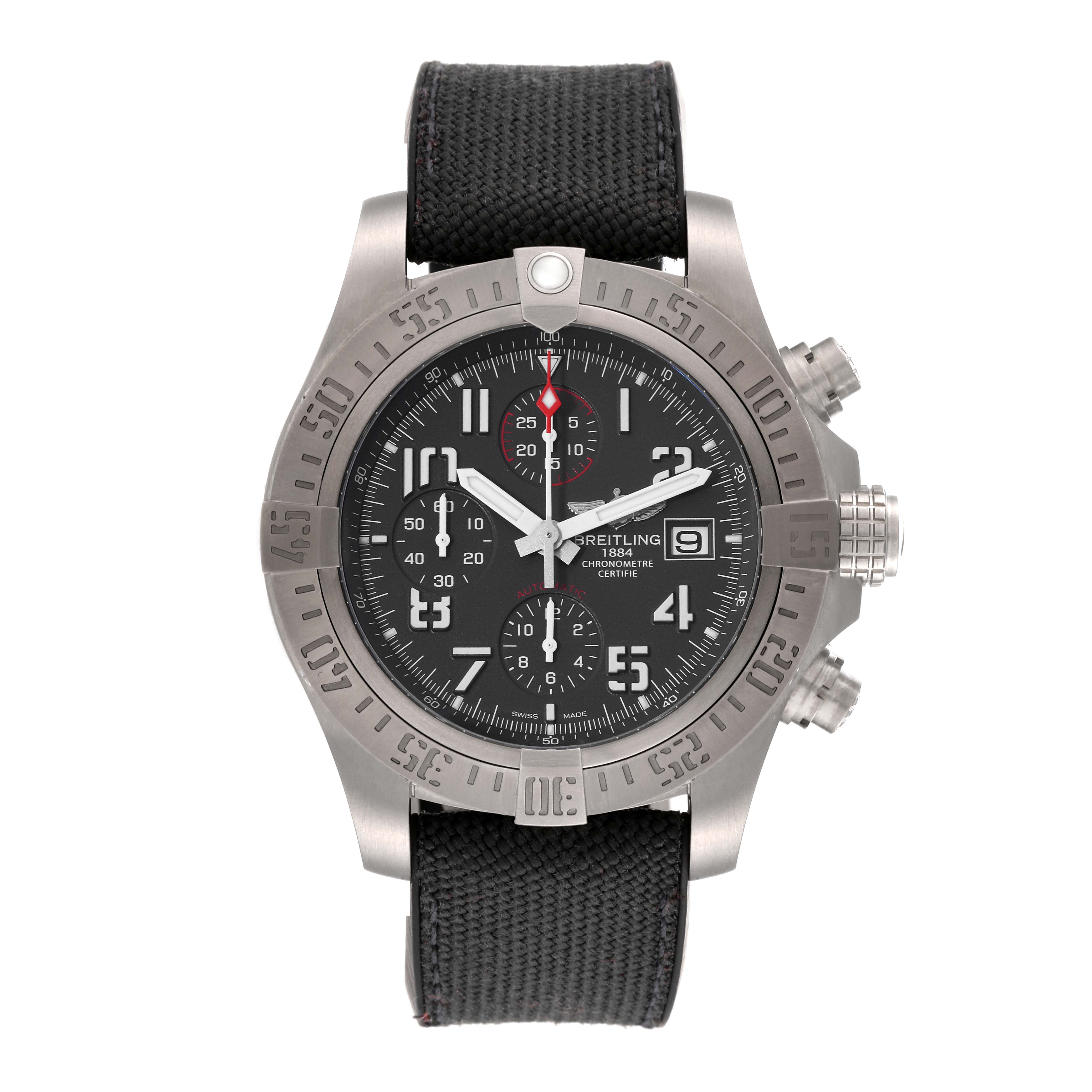 The image shows a front view of a Breitling Avenger E13383 Men's Titanium Grey Dial E13383 Men's Titanium Grey Dial watch, highlighting its black dial, chronograph subdials, and bezel.