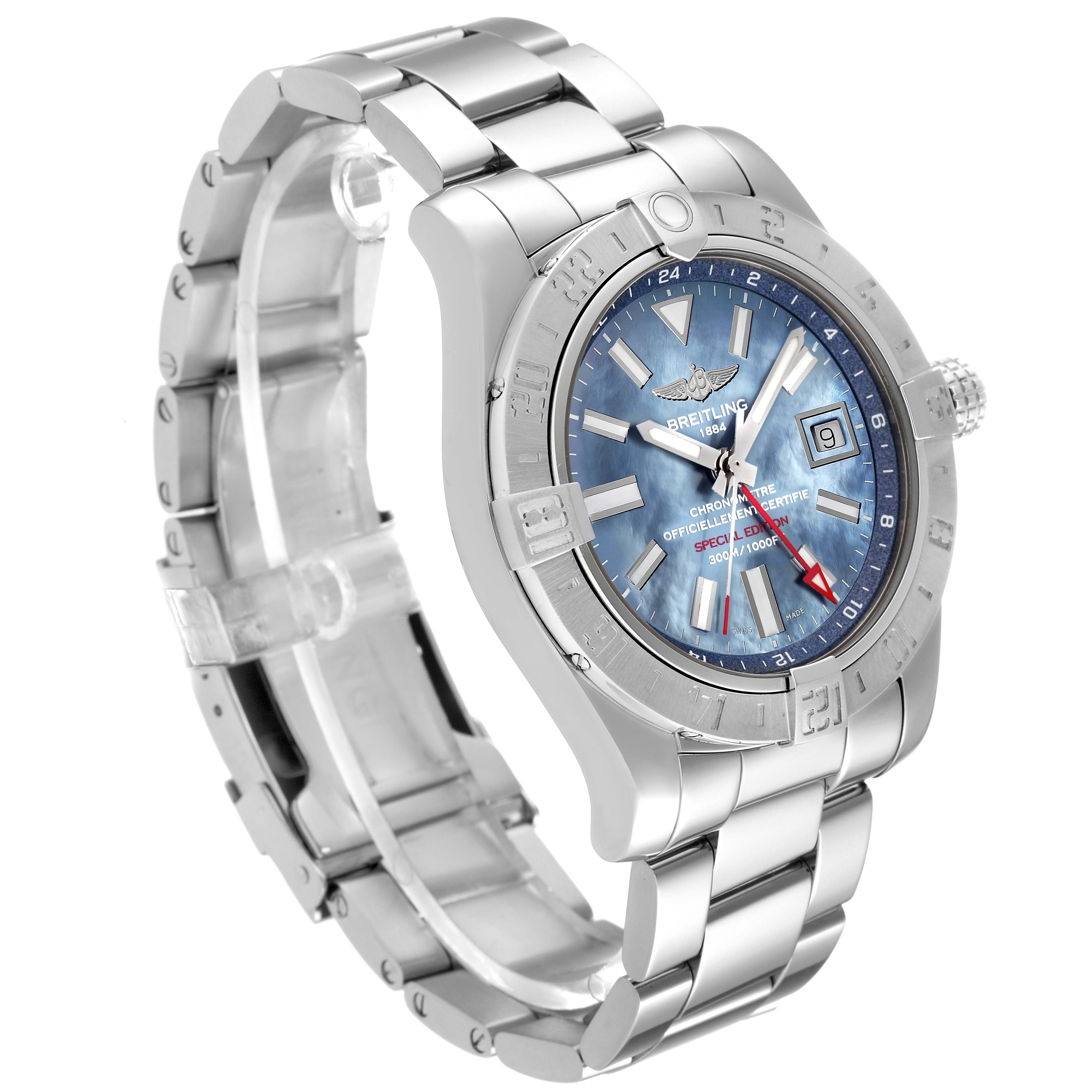 This image shows a Breitling Avenger A3239011/C930 Men's Stainless Steel Mother of Pearl Dial A3239011/C930 Men's Stainless Steel Mother of Pearl Dial watch angled to display its face, bezel, and metal bracelet.