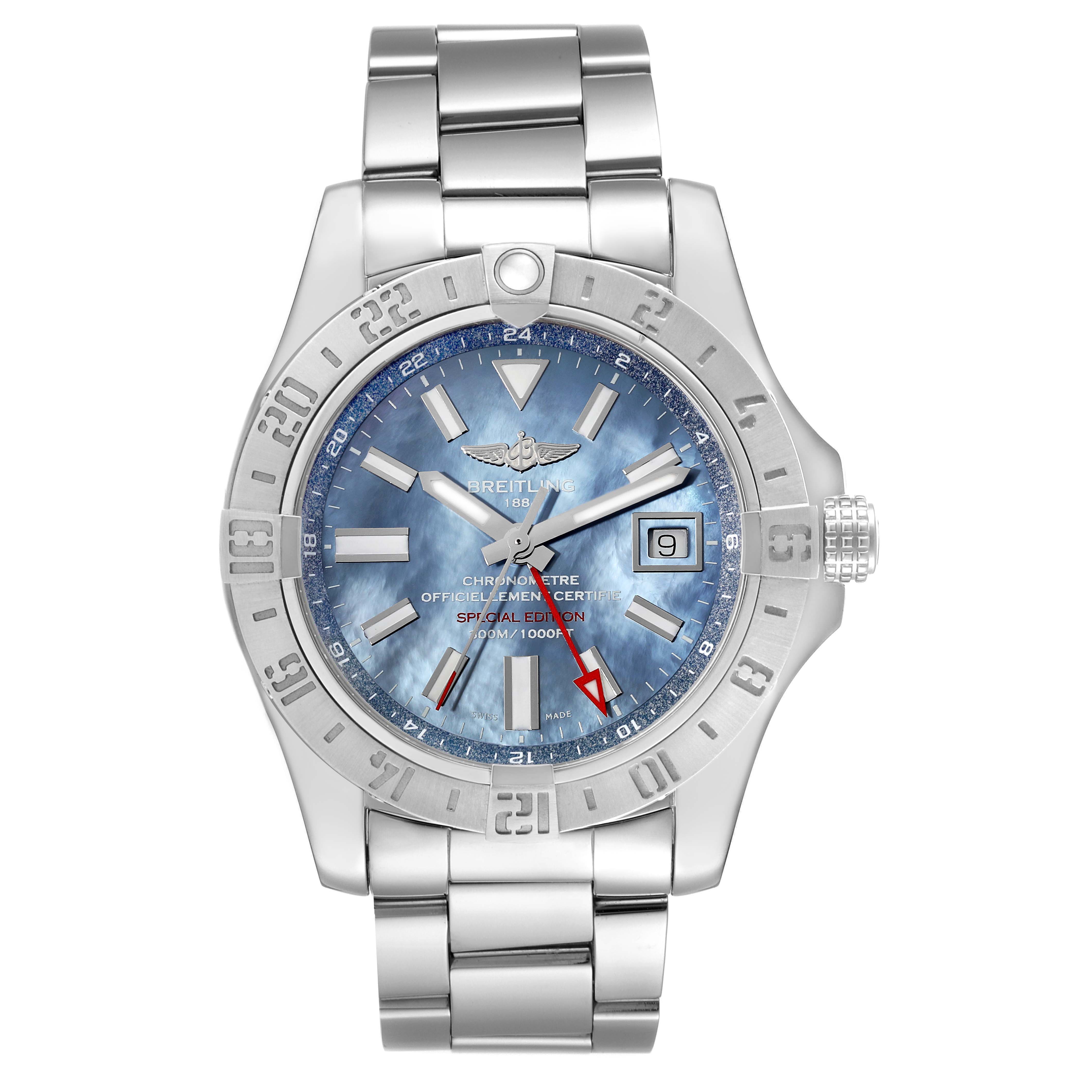 This image shows a front view of the Breitling Avenger A3239011/C930 Men's Stainless Steel Mother of Pearl Dial A3239011/C930 Men's Stainless Steel Mother of Pearl Dial watch, highlighting its dial, bezel, and bracelet.
