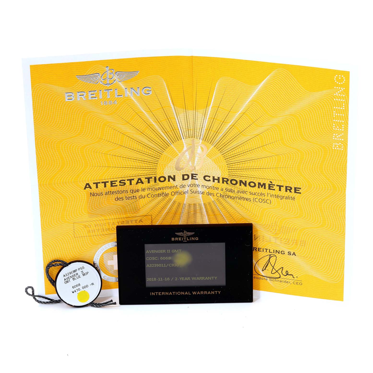 The image shows the warranty card, a tag, and a certification document for a Breitling Avenger A3239011/C930 Men's Stainless Steel Mother of Pearl Dial A3239011/C930 Men's Stainless Steel Mother of Pearl Dial model watch.