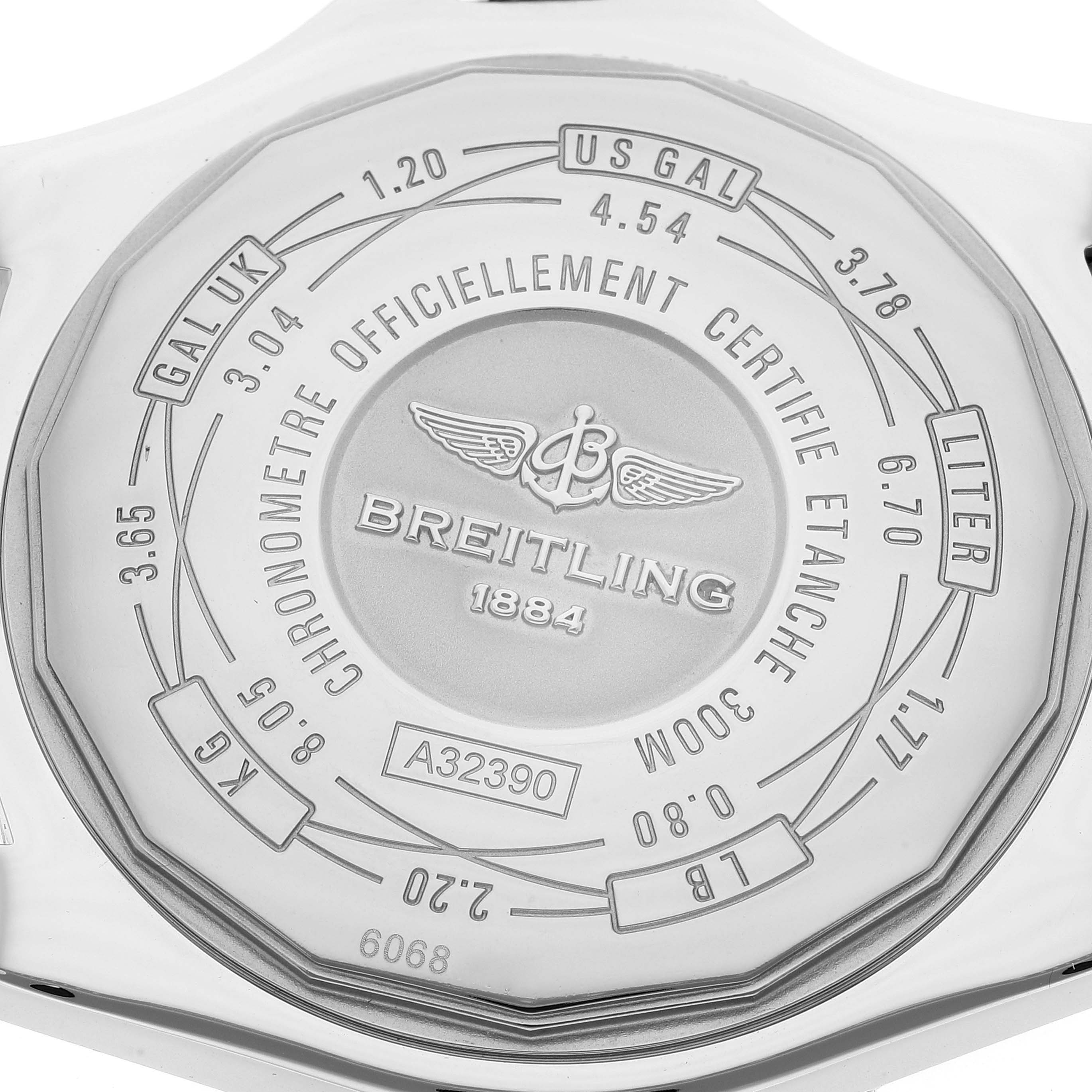 The image shows the back case of a Breitling Avenger A3239011/C930 Men's Stainless Steel Mother of Pearl Dial A3239011/C930 Men's Stainless Steel Mother of Pearl Dial watch, displaying its branding, model number, and certification details.