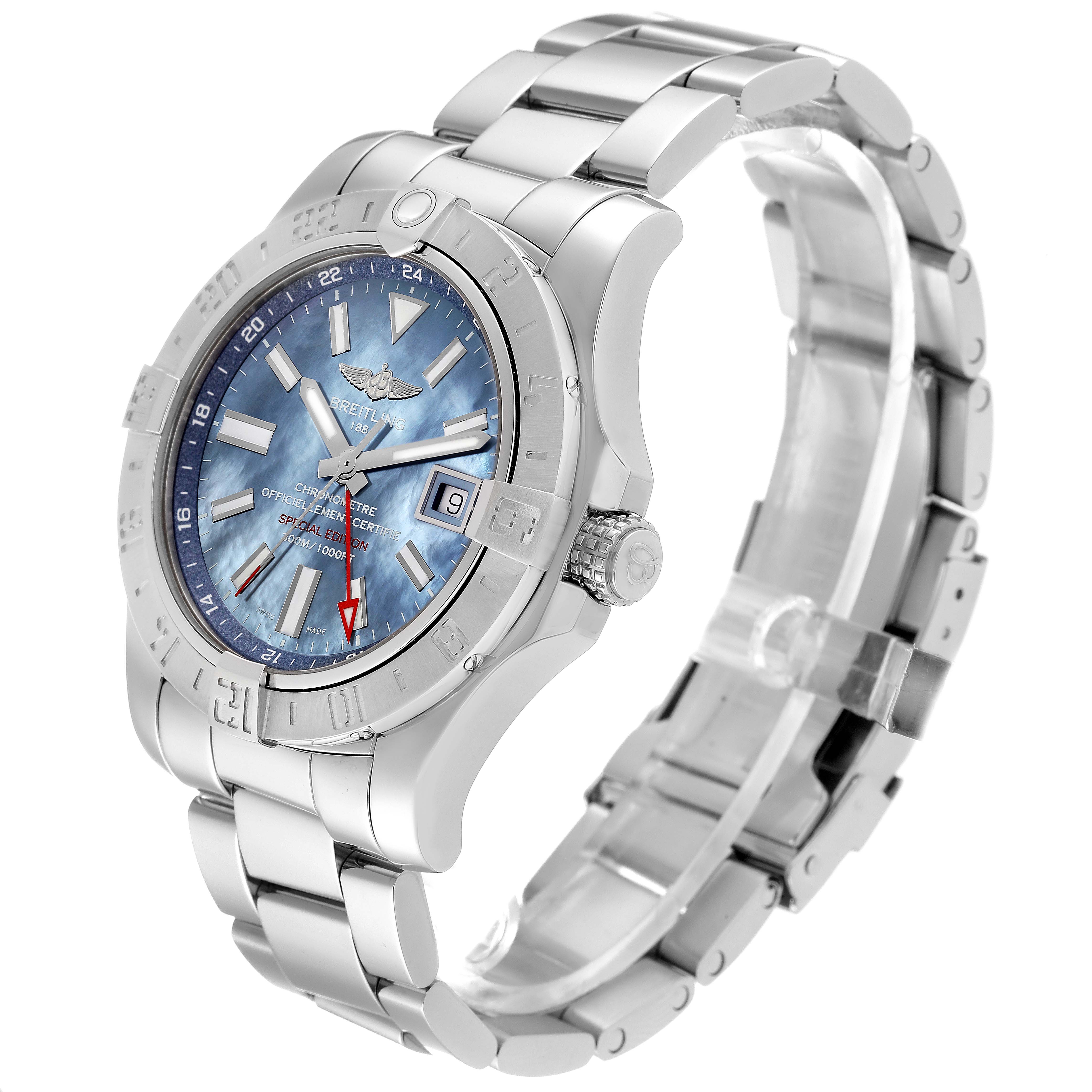 The image shows a Breitling Avenger A3239011/C930 Men's Stainless Steel Mother of Pearl Dial A3239011/C930 Men's Stainless Steel Mother of Pearl Dial watch at a three-quarter view, highlighting the bezel, face, crown, and metal bracelet.