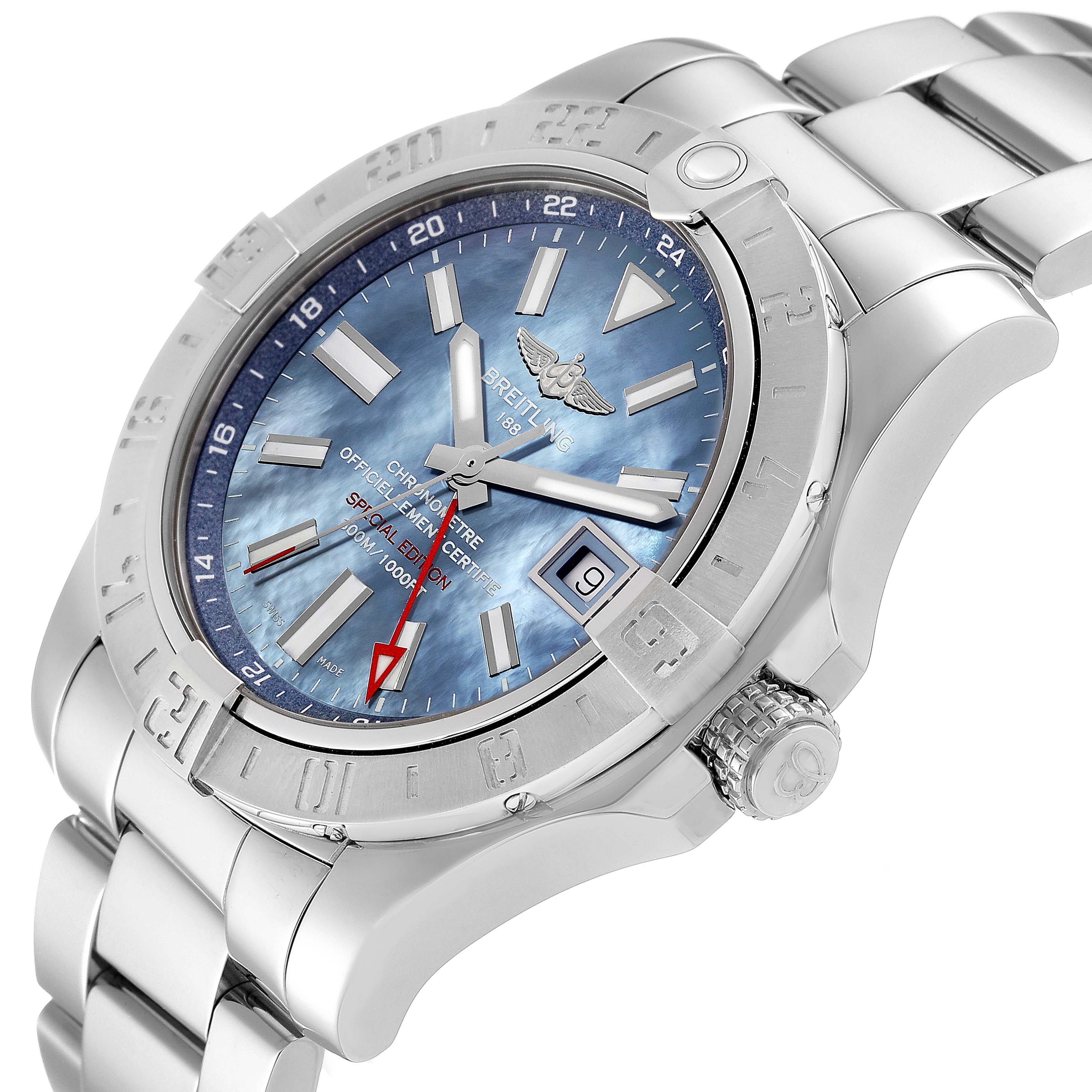 The image shows a Breitling Avenger A3239011/C930 Men's Stainless Steel Mother of Pearl Dial A3239011/C930 Men's Stainless Steel Mother of Pearl Dial watch from a three-quarter angle, highlighting the face, bezel, and bracelet.
