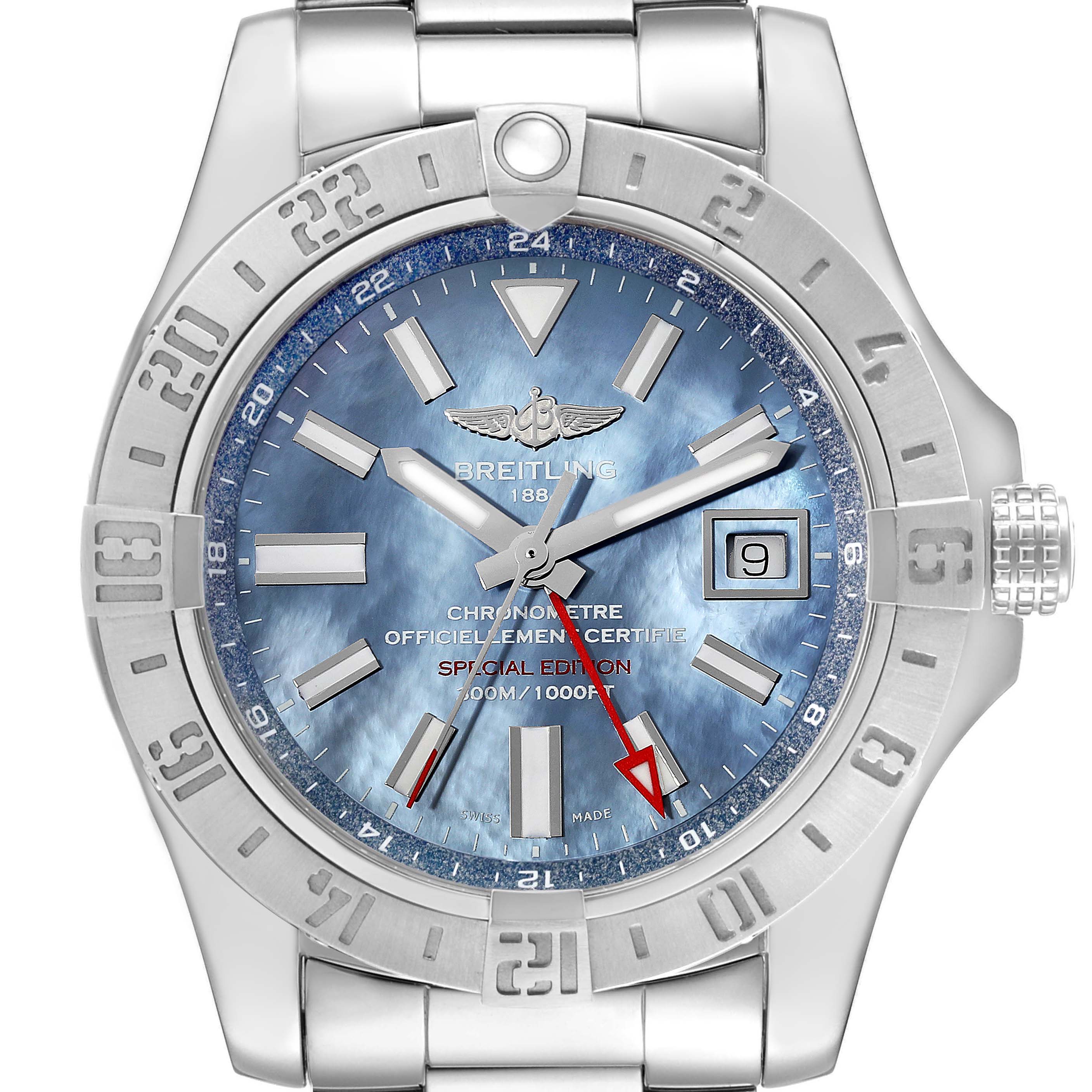 This is a front view of a Breitling Avenger A3239011/C930 Men's Stainless Steel Mother of Pearl Dial A3239011/C930 Men's Stainless Steel Mother of Pearl Dial watch displaying its face, bezel, and part of the bracelet.