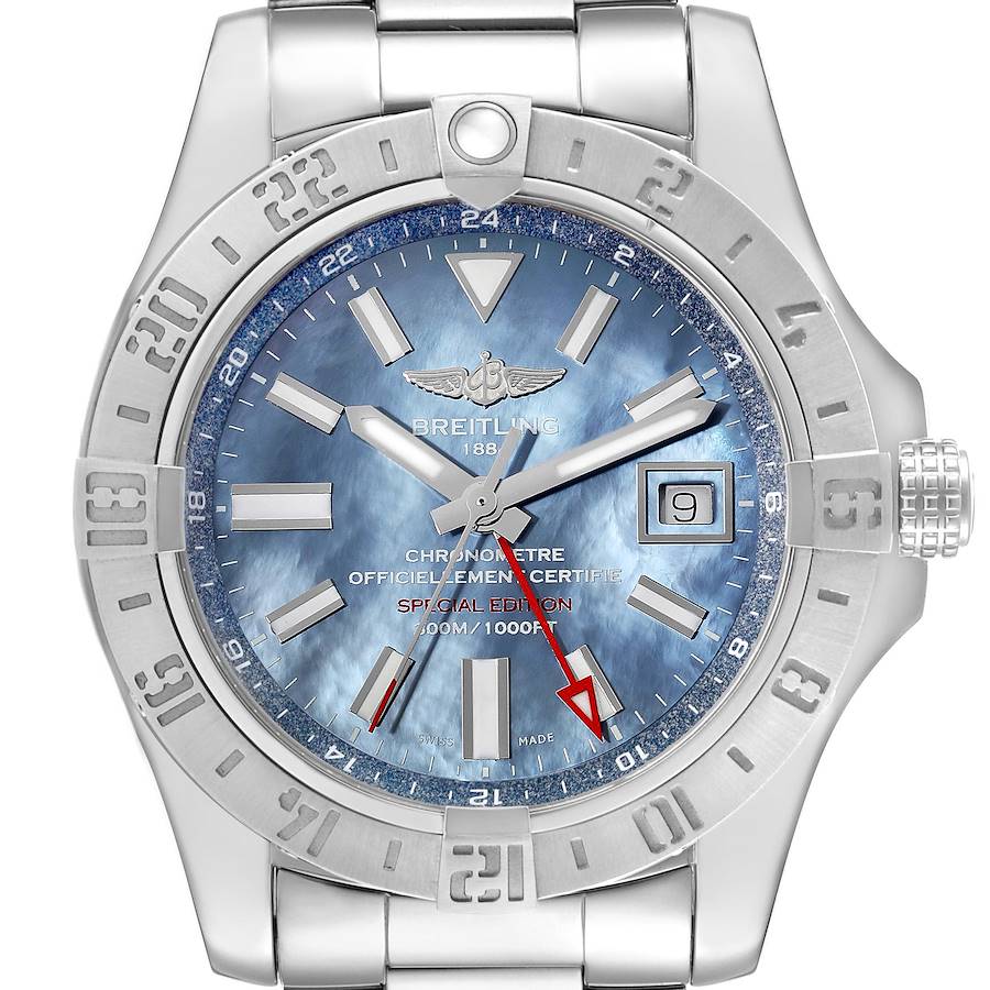 Breitling Avenger II GMT Blue Mother Of Pearl Dial Steel Mens Watch A32390 Box Card SwissWatchExpo