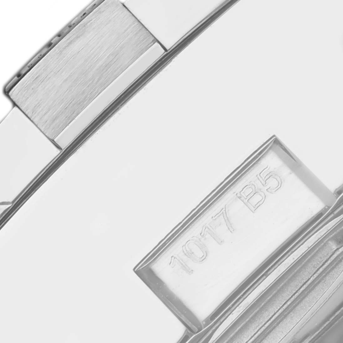 The image shows a close-up of the strap clasp of the Breitling Avenger A1338111/A868 Men's Stainless Steel Mother of Pearl Dial A1338111/A868 Men's Stainless Steel Mother of Pearl Dial watch, highlighting its brushed metal finish and engraved markings.