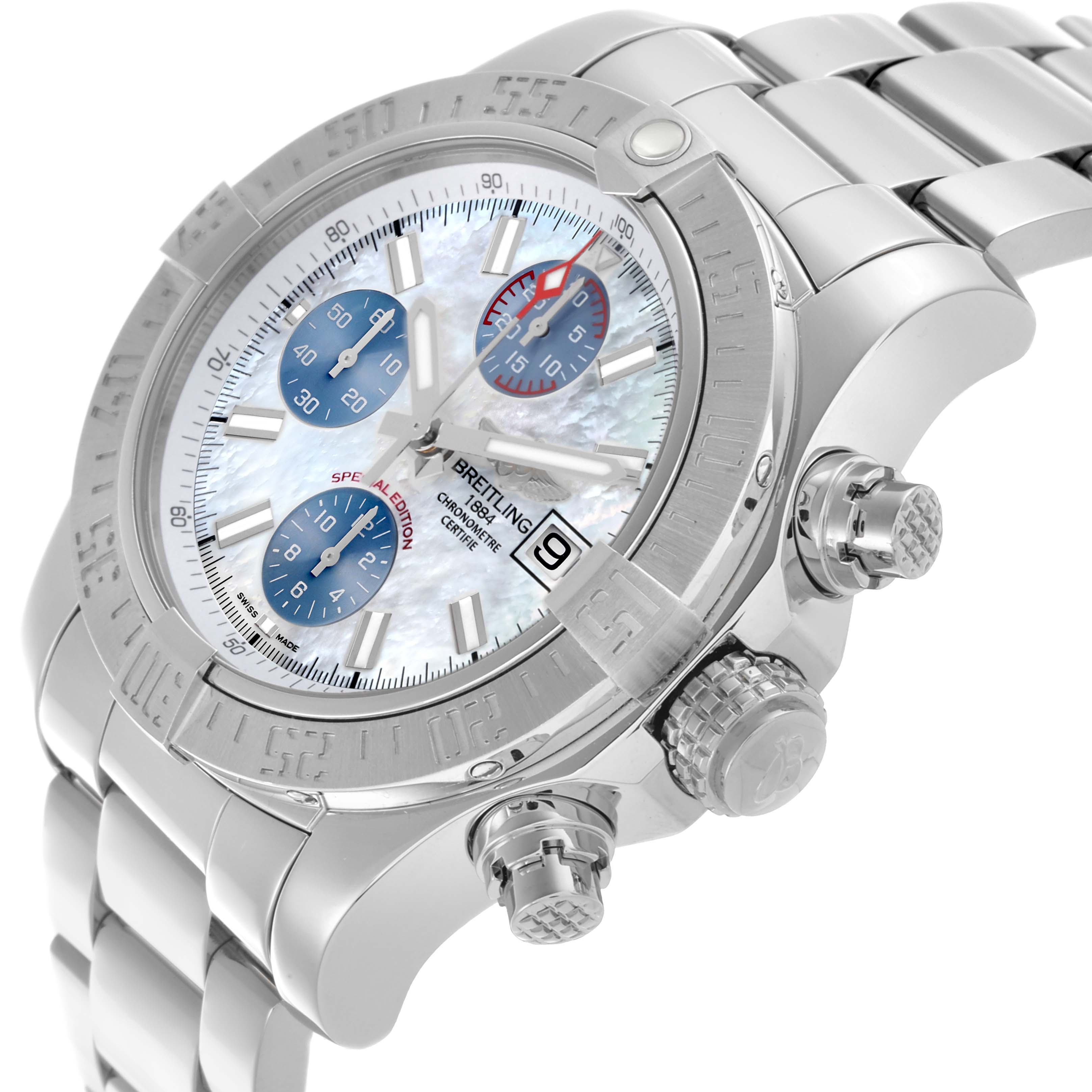 The Breitling Avenger A1338111/A868 Men's Stainless Steel Mother of Pearl Dial A1338111/A868 Men's Stainless Steel Mother of Pearl Dial watch is shown at an angled side view, highlighting the dial, bezel, crown, and chronograph pushers.