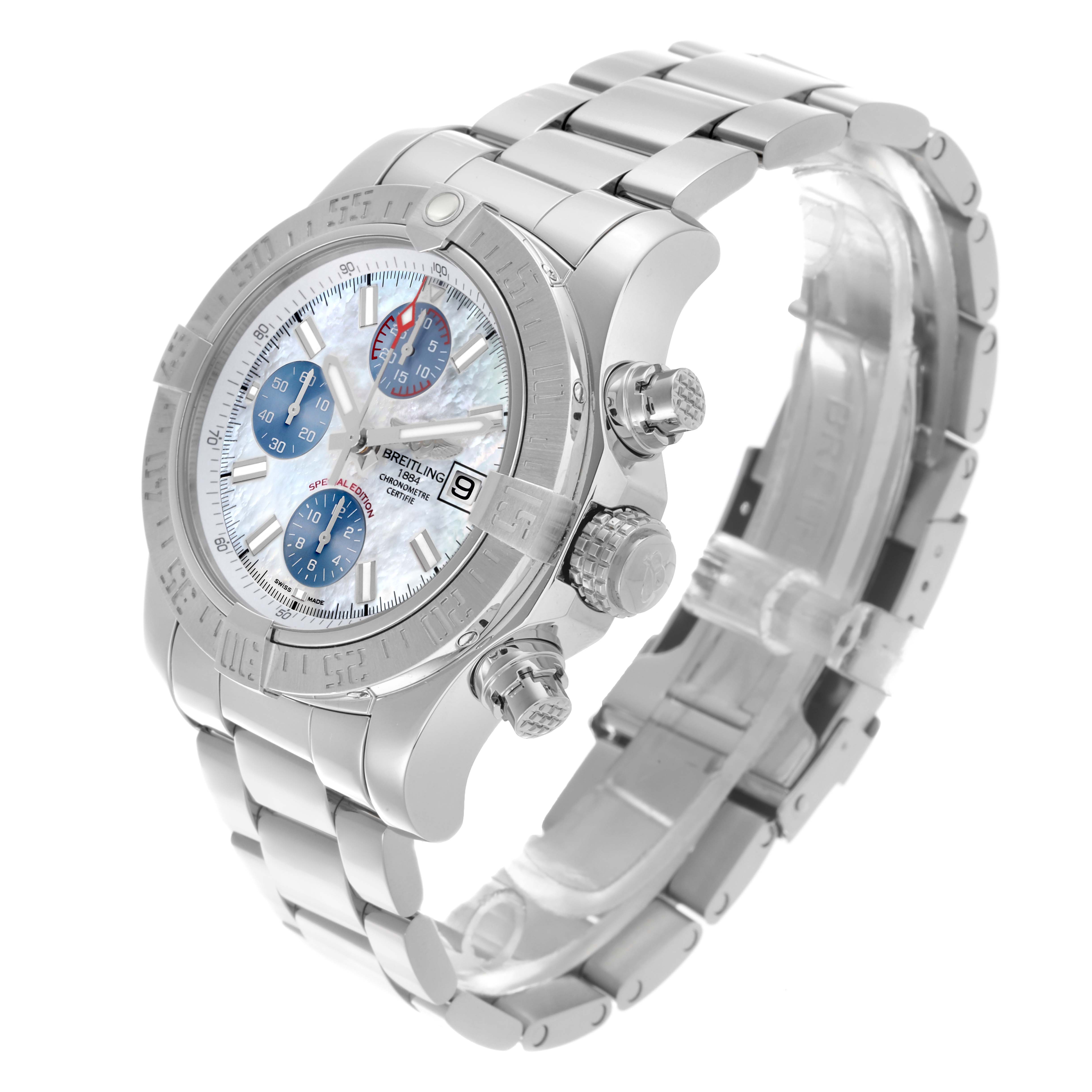 The Breitling Avenger A1338111/A868 Men's Stainless Steel Mother of Pearl Dial A1338111/A868 Men's Stainless Steel Mother of Pearl Dial watch is shown at a three-quarter angle, highlighting the dial, bezel, crown, and bracelet.