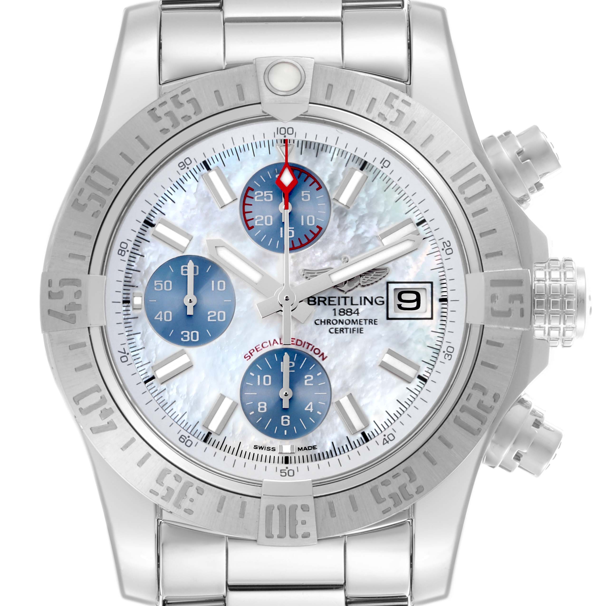 The Breitling Avenger A1338111/A868 Men's Stainless Steel Mother of Pearl Dial A1338111/A868 Men's Stainless Steel Mother of Pearl Dial watch is shown from a front angle, displaying the dial, bezel, and pushers.