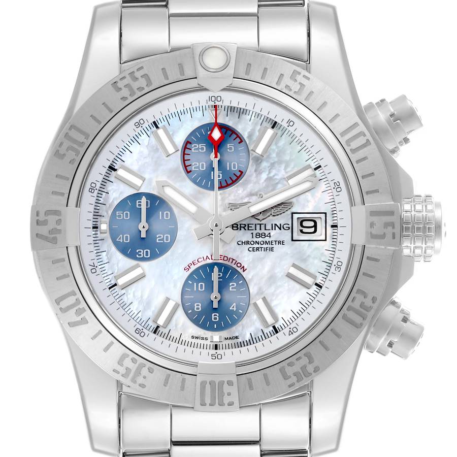 The Breitling Avenger watch is shown from a front angle, displaying the dial, bezel, and pushers.