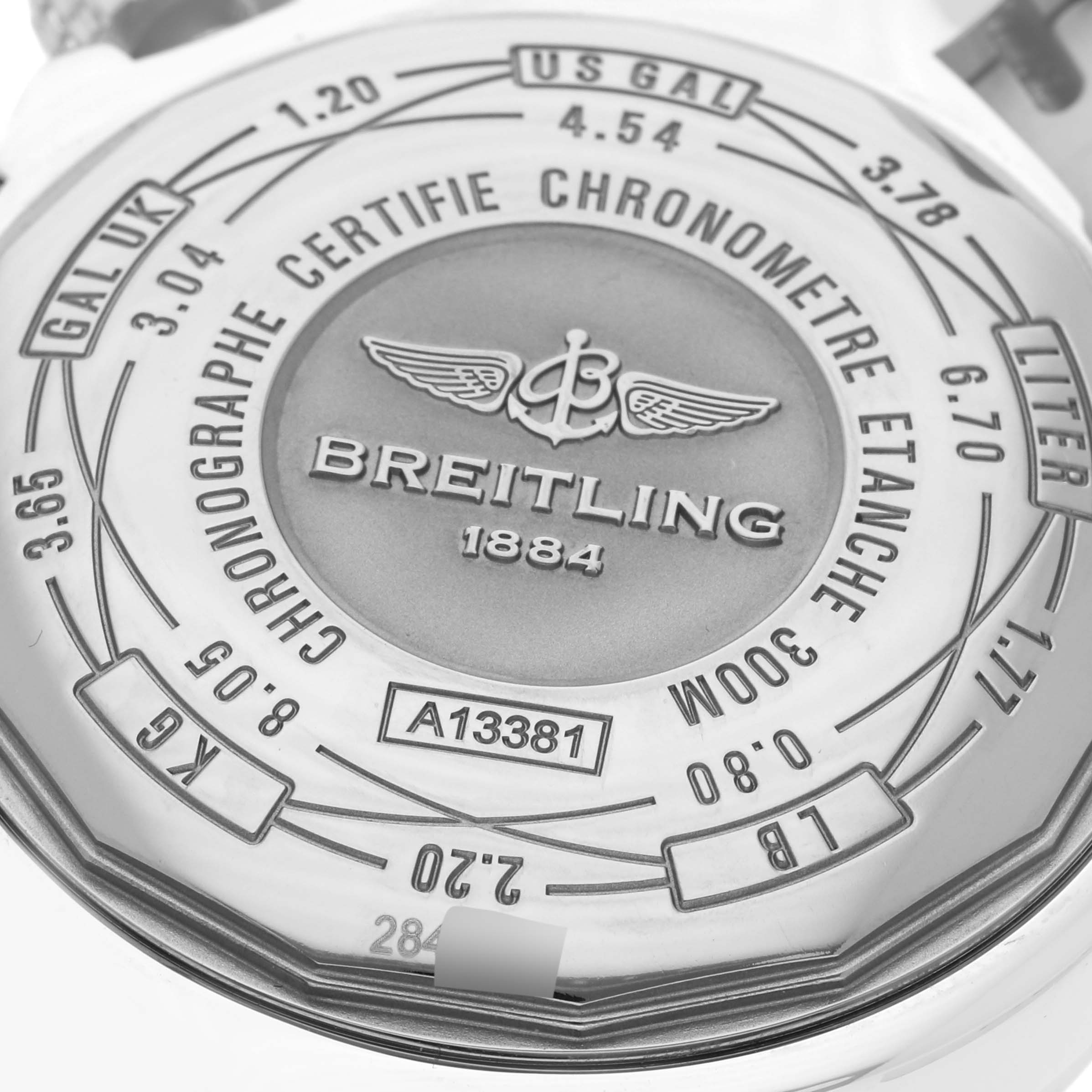 The image shows the detailed back case of the Breitling Avenger A1338111/A868 Men's Stainless Steel Mother of Pearl Dial A1338111/A868 Men's Stainless Steel Mother of Pearl Dial watch, highlighting engravings and branding.