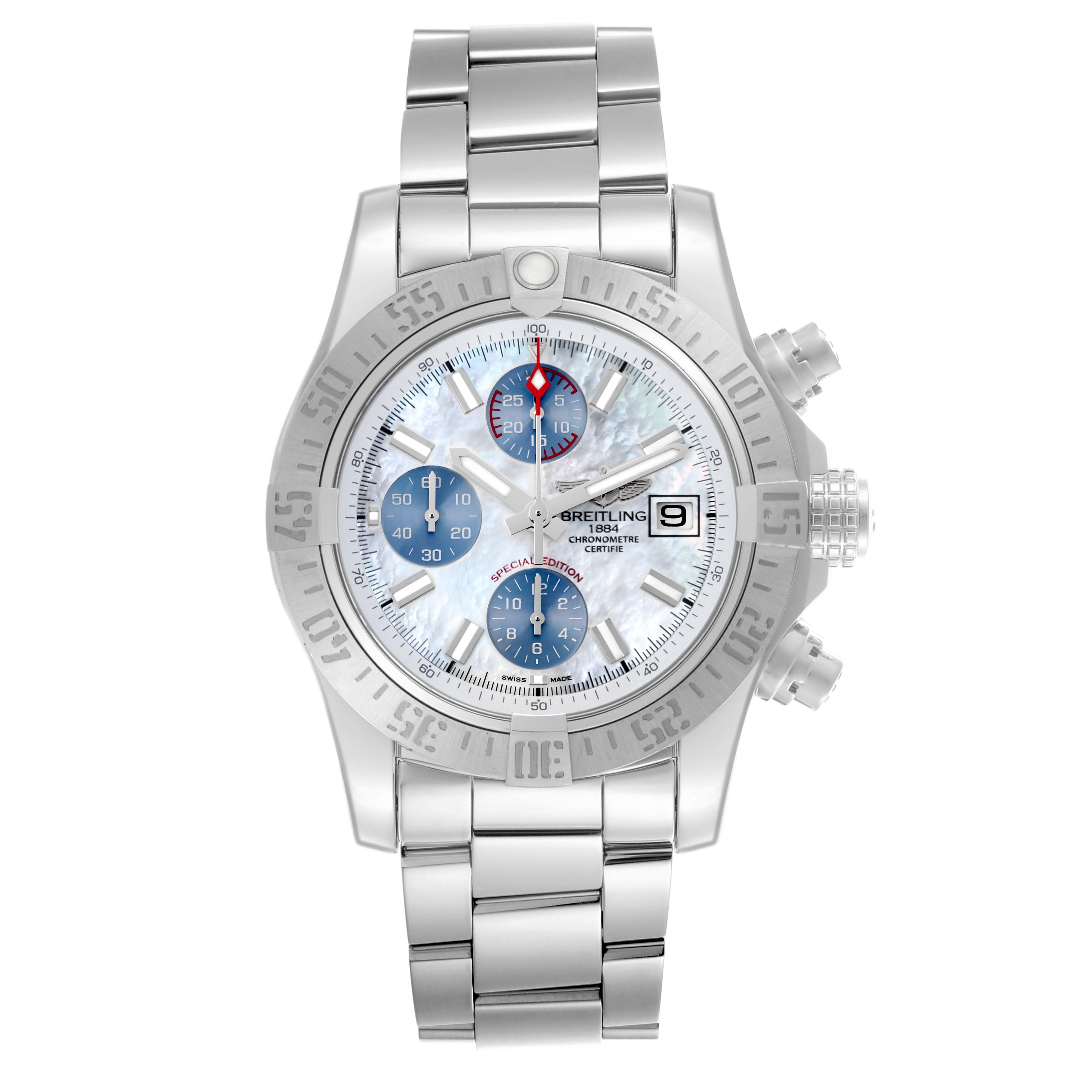 The Breitling Avenger A1338111/A868 Men's Stainless Steel Mother of Pearl Dial A1338111/A868 Men's Stainless Steel Mother of Pearl Dial watch is shown from the front, displaying the bezel, dial, subdials, crown, and silver metal bracelet.