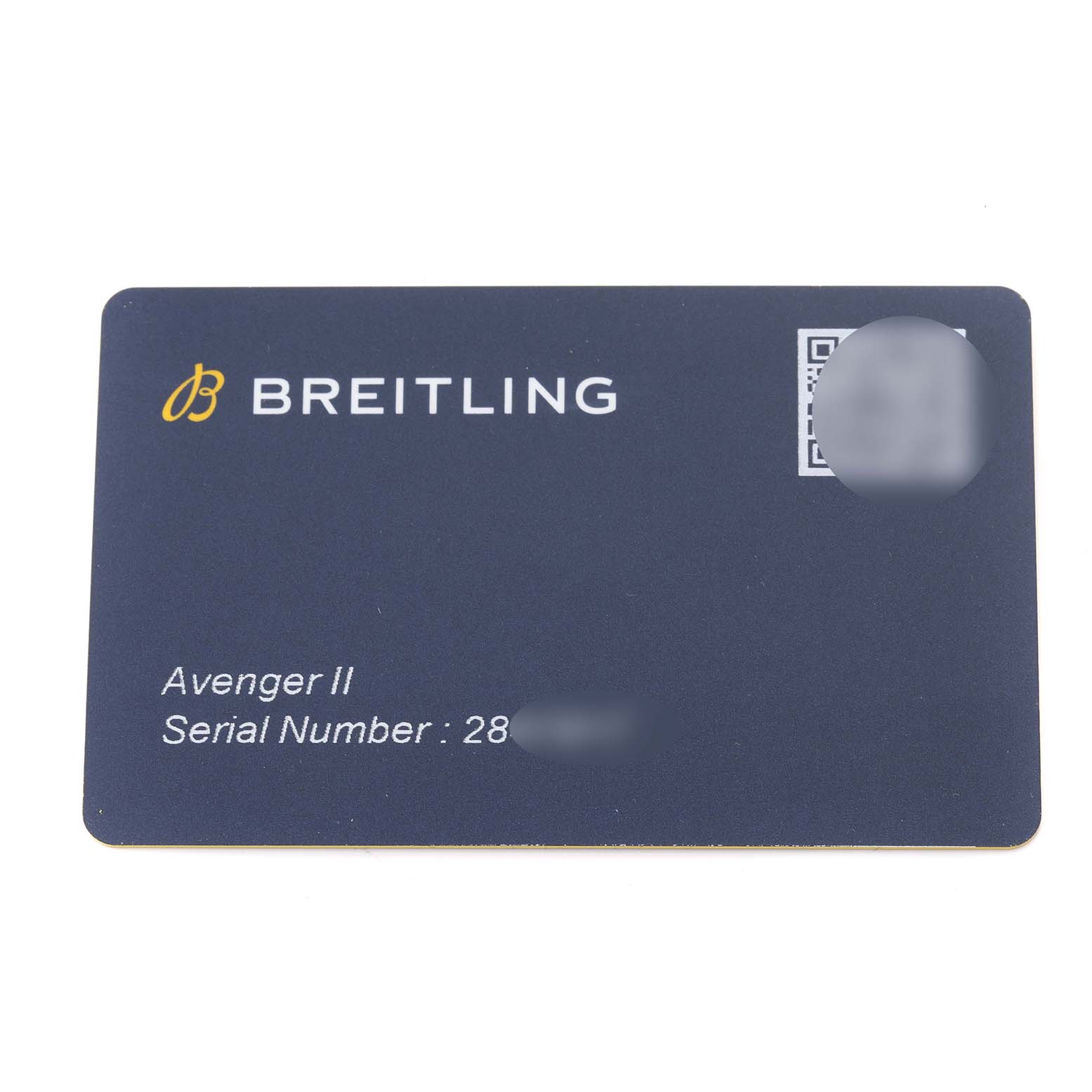 This image shows a warranty card for the Breitling Avenger A1338111/A868 Men's Stainless Steel Mother of Pearl Dial A1338111/A868 Men's Stainless Steel Mother of Pearl Dial II watch, displaying the brand name, model, and serial number.