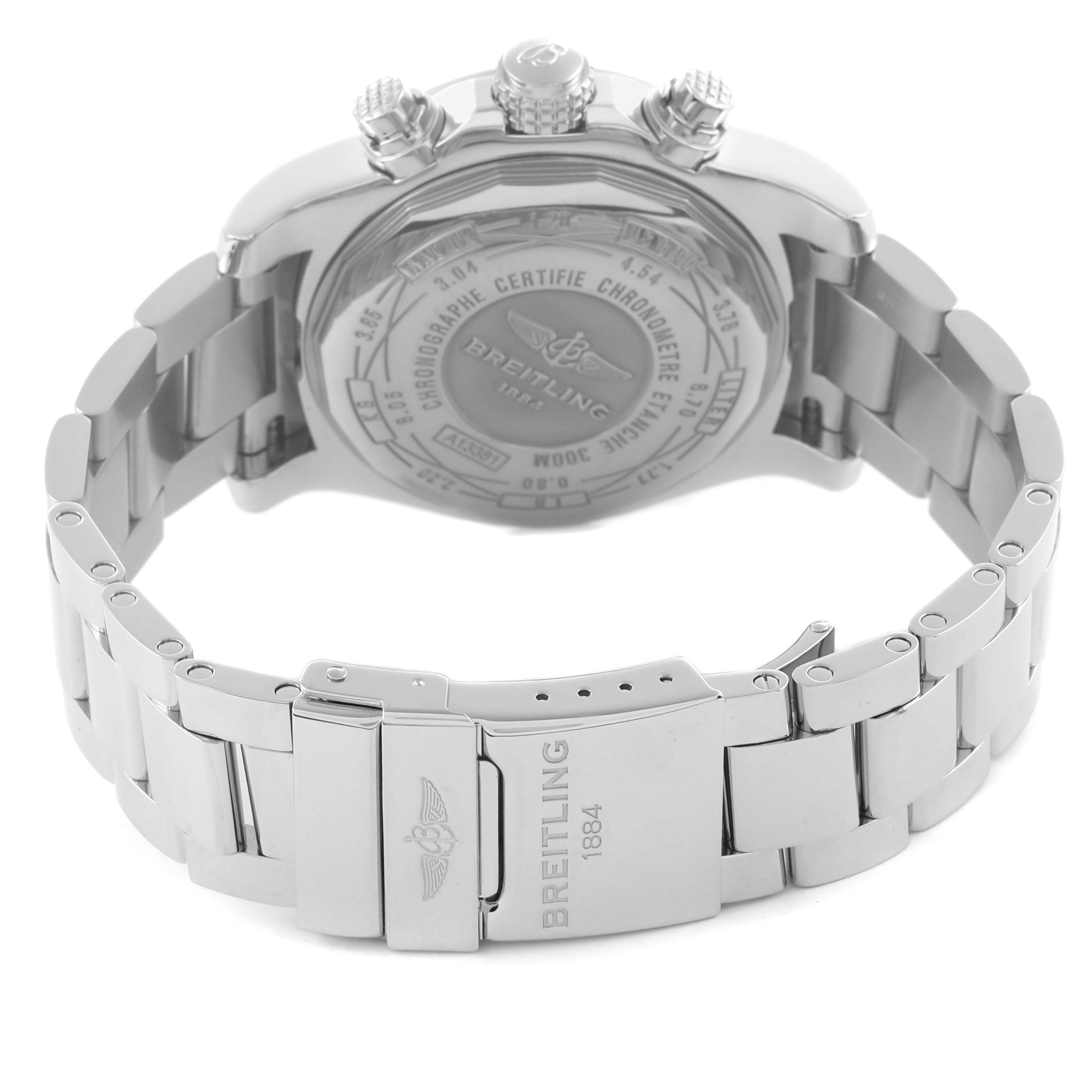 The image shows the back and bracelet of the Breitling Avenger A1338111/A868 Men's Stainless Steel Mother of Pearl Dial A1338111/A868 Men's Stainless Steel Mother of Pearl Dial watch, highlighting the clasp and case back details.