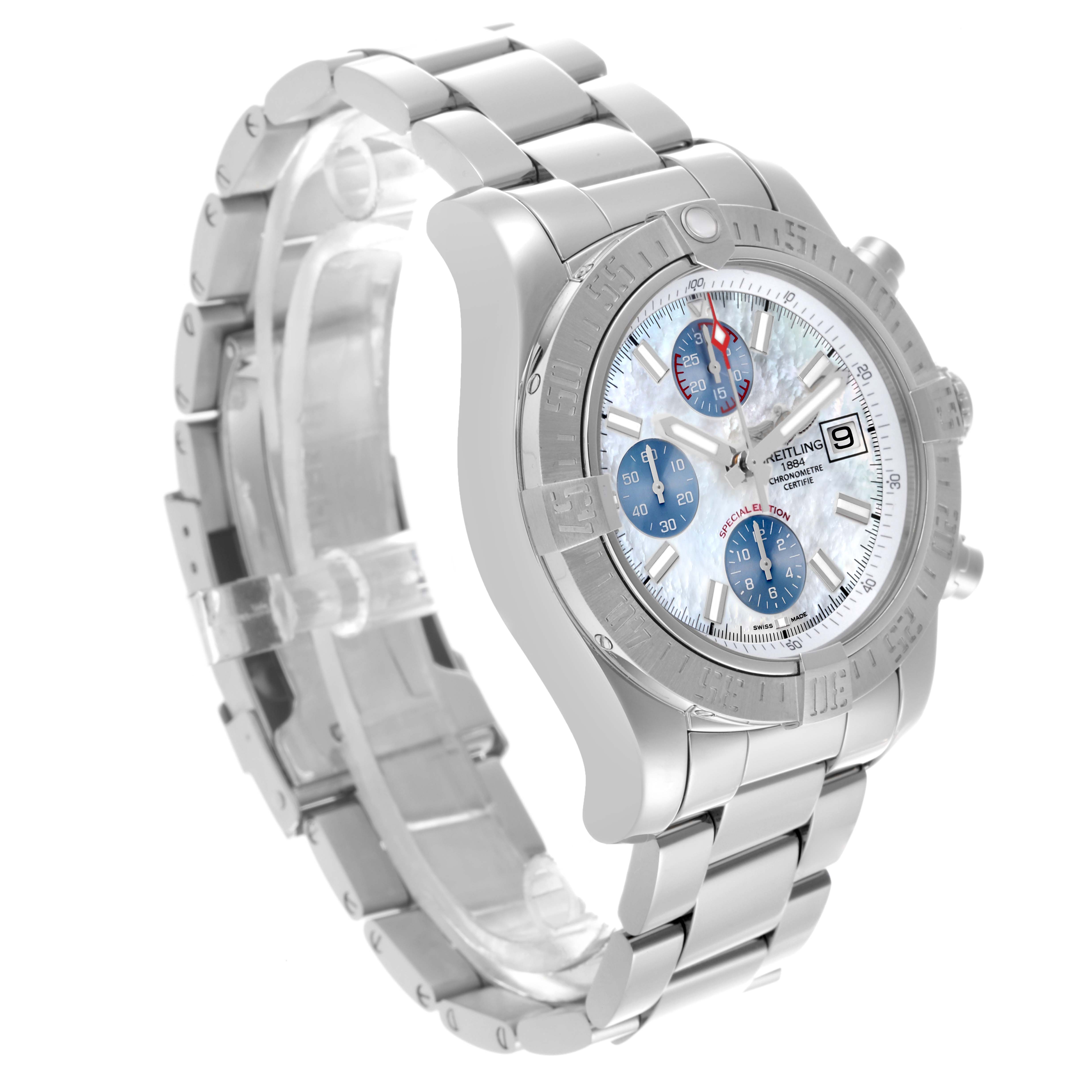 The Breitling Avenger A1338111/A868 Men's Stainless Steel Mother of Pearl Dial A1338111/A868 Men's Stainless Steel Mother of Pearl Dial watch is shown at a three-quarter angle, displaying the face, bezel, and bracelet.