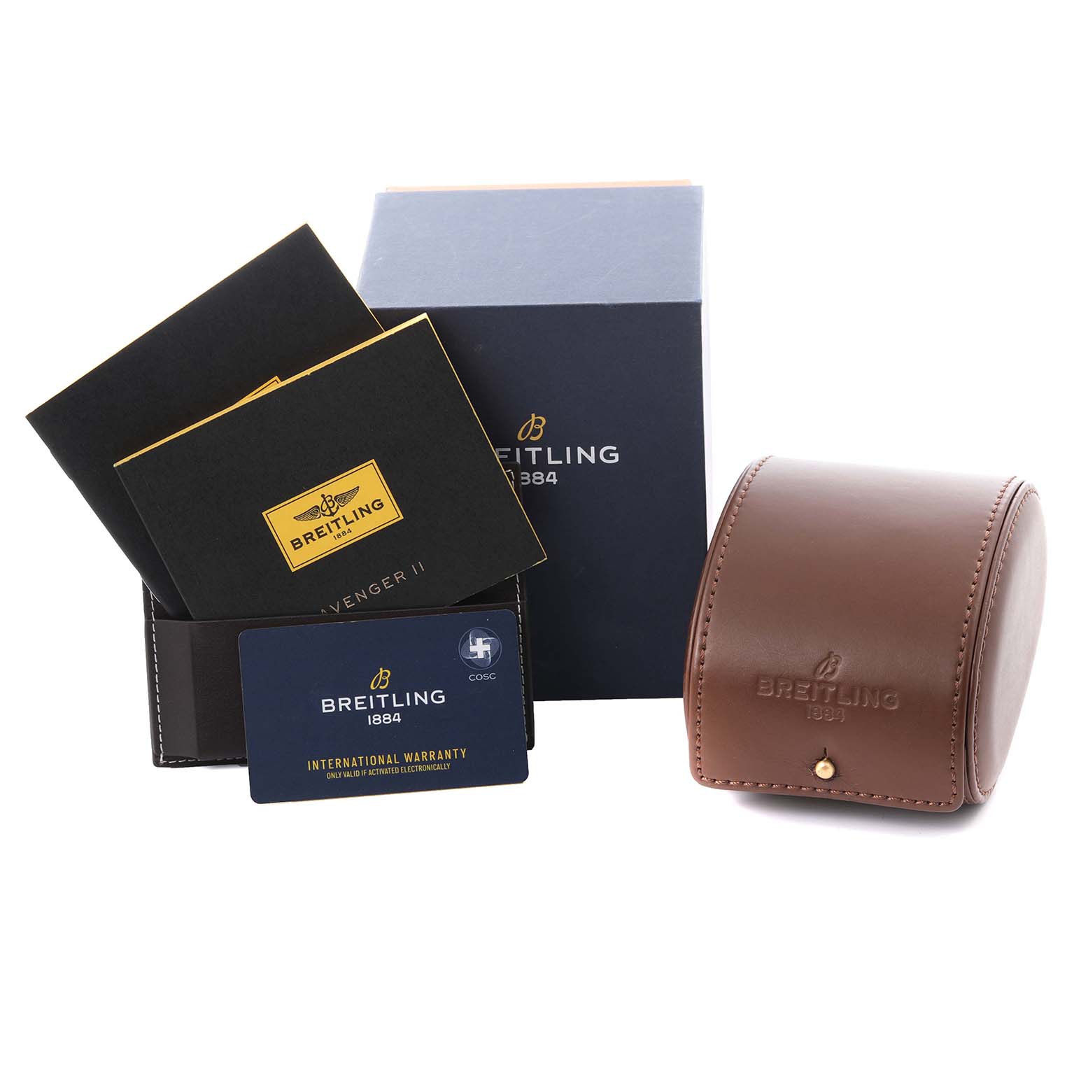 The image shows the Breitling Avenger A1338111/A868 Men's Stainless Steel Mother of Pearl Dial A1338111/A868 Men's Stainless Steel Mother of Pearl Dial watch packaging, manuals, warranty card, and a brown leather case.