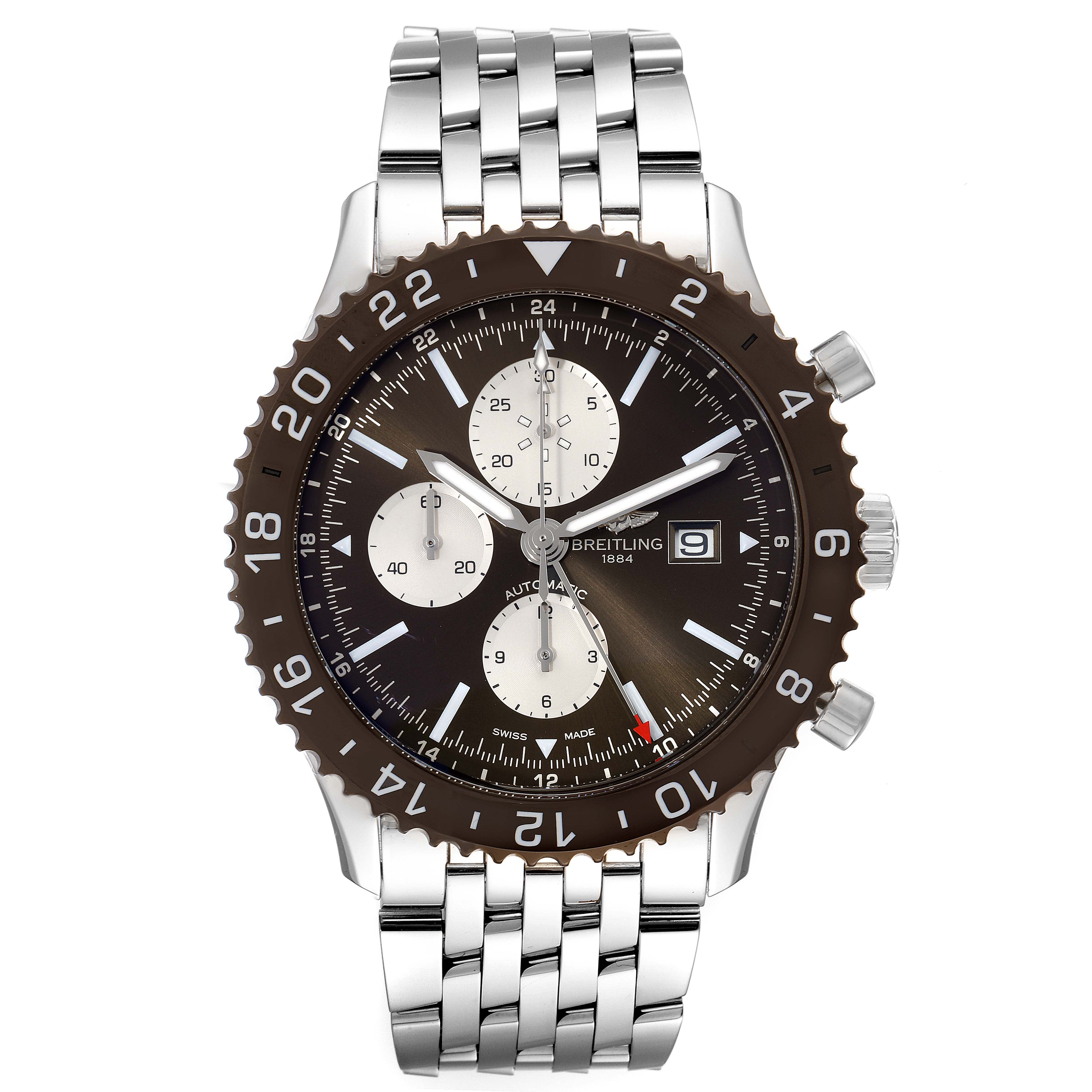 The image shows a front view of the Breitling Chronoliner Y24310 Men's Stainless Steel Brown Dial Y24310 Men's Stainless Steel Brown Dial watch displaying its dial, bezel, subdials, date window, and stainless steel bracelet.