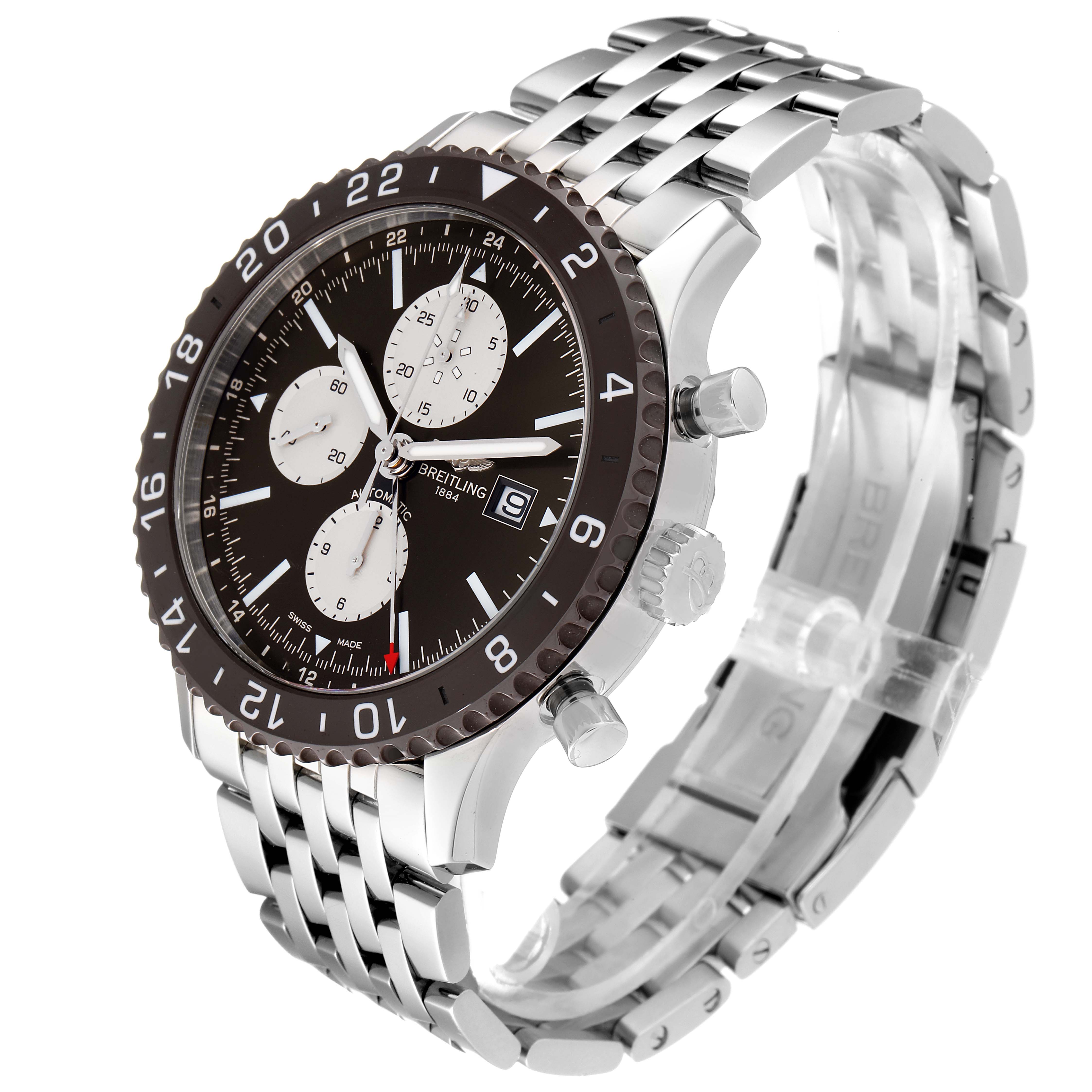 The image shows a Breitling Chronoliner Y24310 Men's Stainless Steel Brown Dial Y24310 Men's Stainless Steel Brown Dial watch at an angle highlighting the face, bezel, crown, pushers, and metal band.