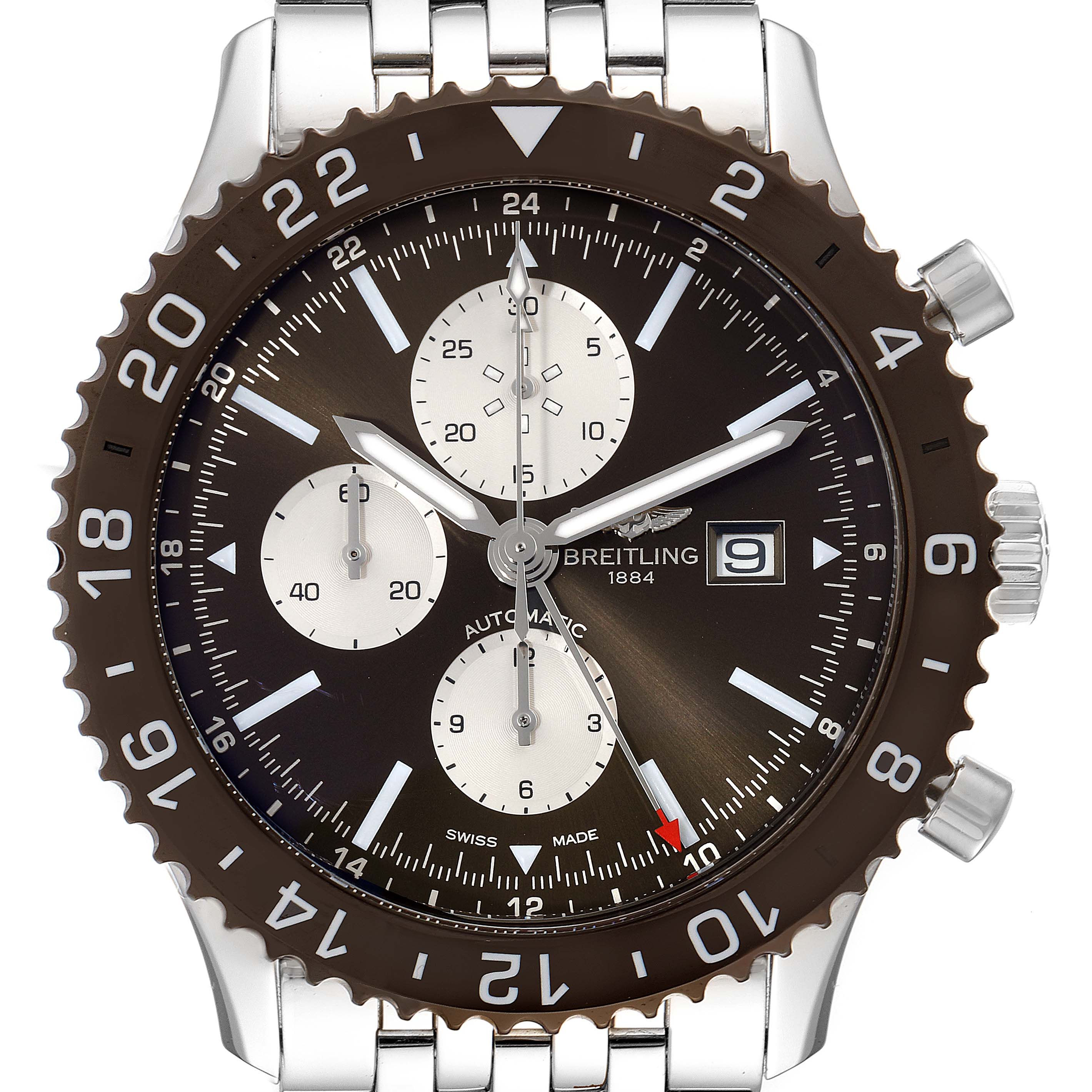 The Breitling Chronoliner Y24310 Men's Stainless Steel Brown Dial Y24310 Men's Stainless Steel Brown Dial watch is shown from a front angle, displaying its dial, bezel, and bracelet.