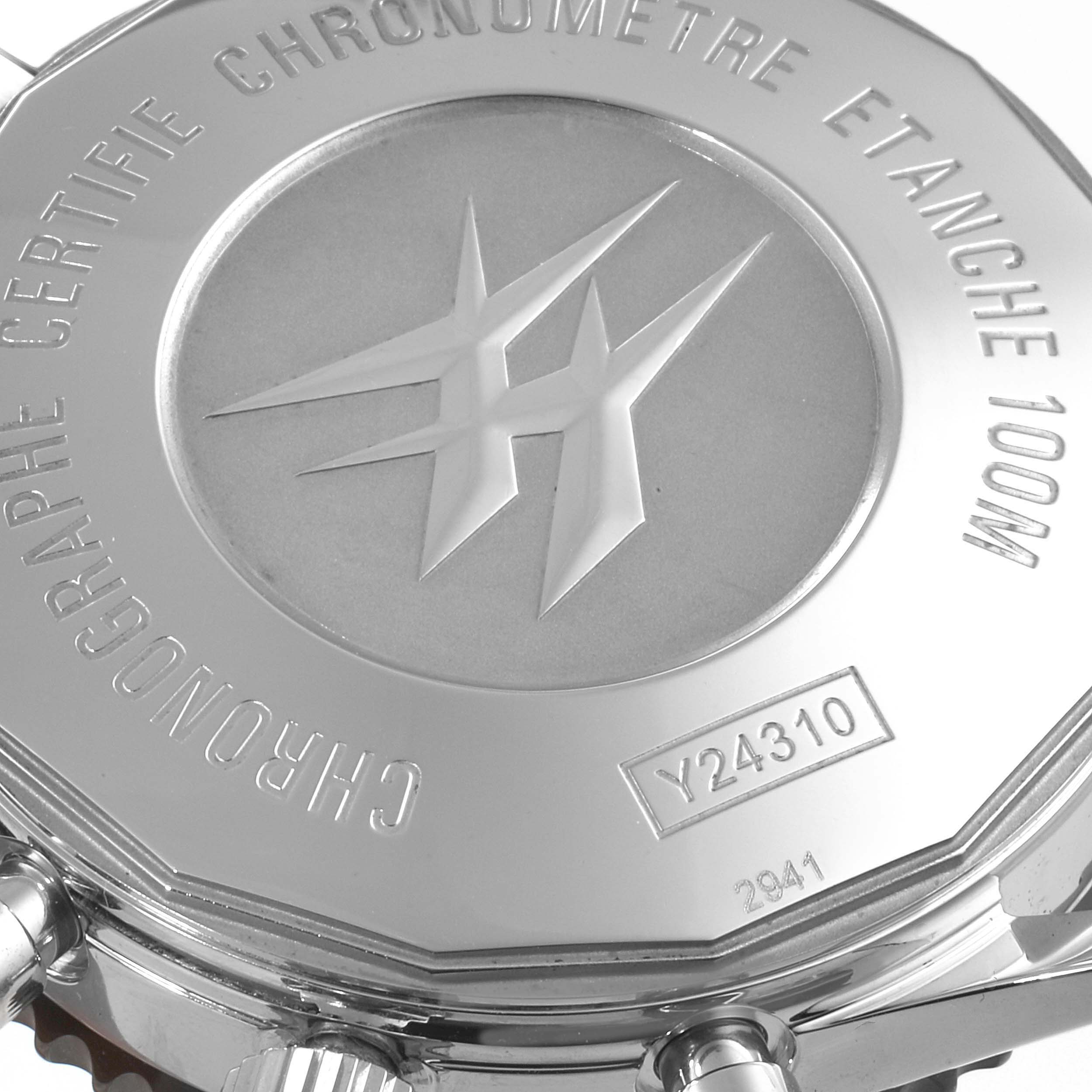 This image shows the case back of the Breitling Chronoliner Y24310 Men's Stainless Steel Brown Dial Y24310 Men's Stainless Steel Brown Dial watch, featuring its model and brand inscriptions.