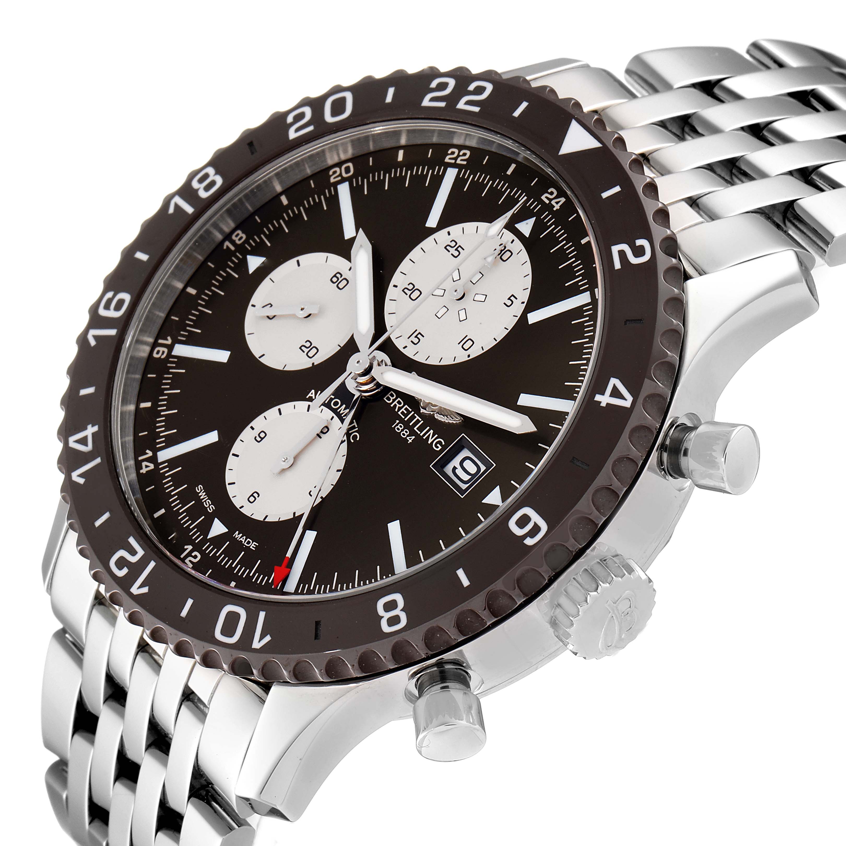 The image shows a Breitling Chronoliner Y24310 Men's Stainless Steel Brown Dial Y24310 Men's Stainless Steel Brown Dial watch at a slight angle, highlighting its face, bezel, crown, and stainless steel bracelet.