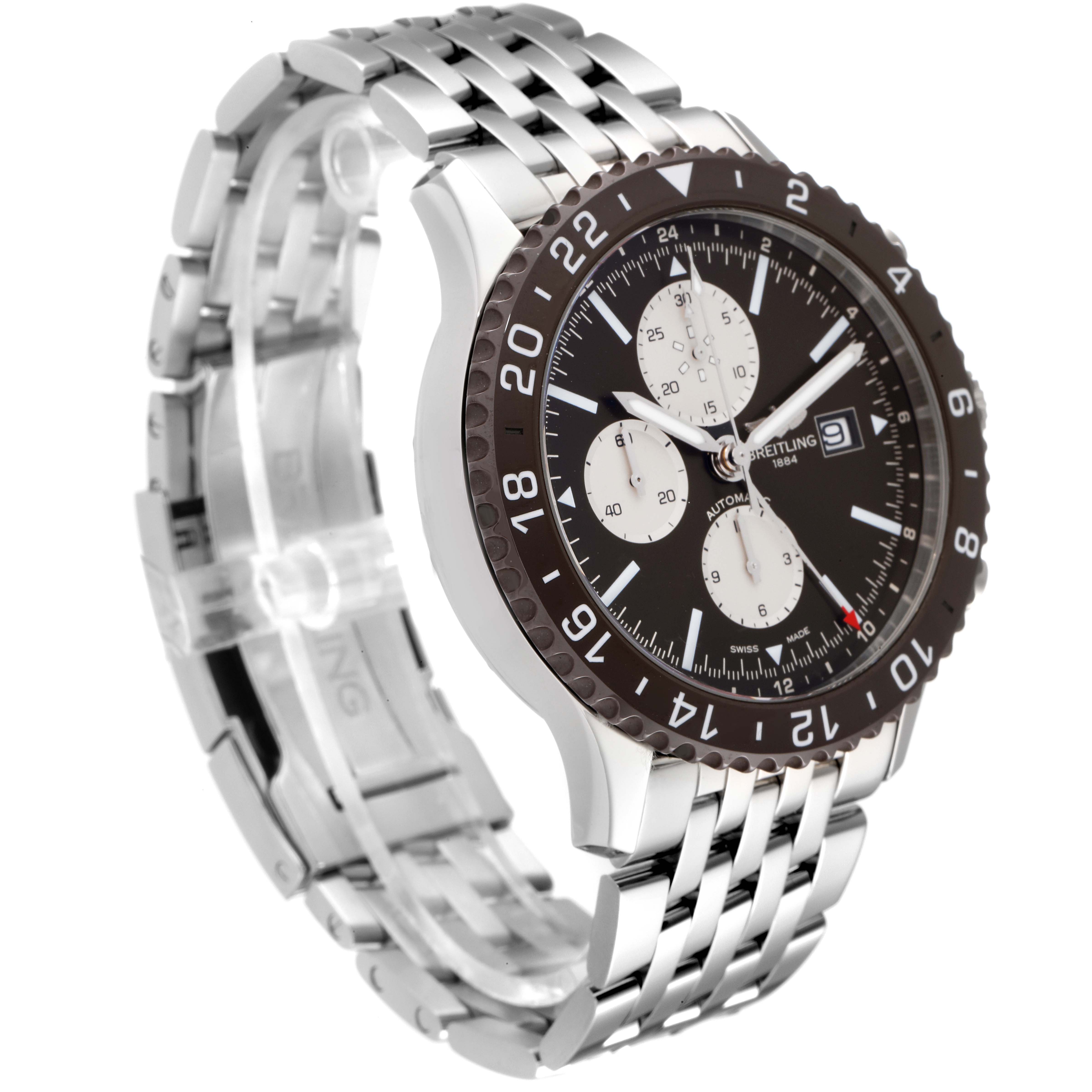 The image shows a side angle of the Breitling Chronoliner Y24310 Men's Stainless Steel Brown Dial Y24310 Men's Stainless Steel Brown Dial watch, highlighting its stainless steel bracelet, bezel, and chronograph dial.