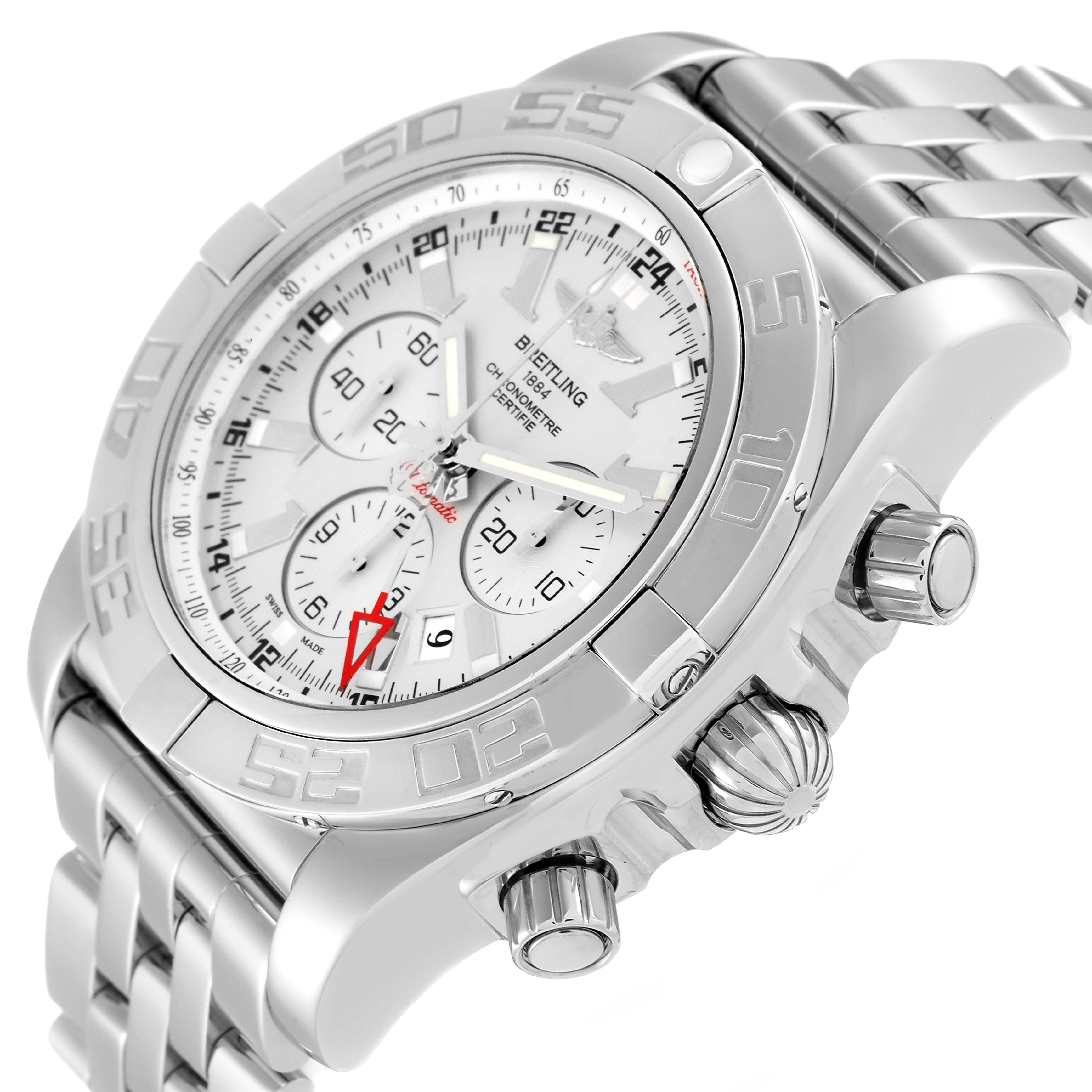 The image shows a Breitling Chronomat AB0410 Men
s Stainless Steel Silver Dial AB0410 Men
s Stainless Steel Silver Dial model watch angled to display the face, bezel, three subdials, crown, and part of the bracelet.