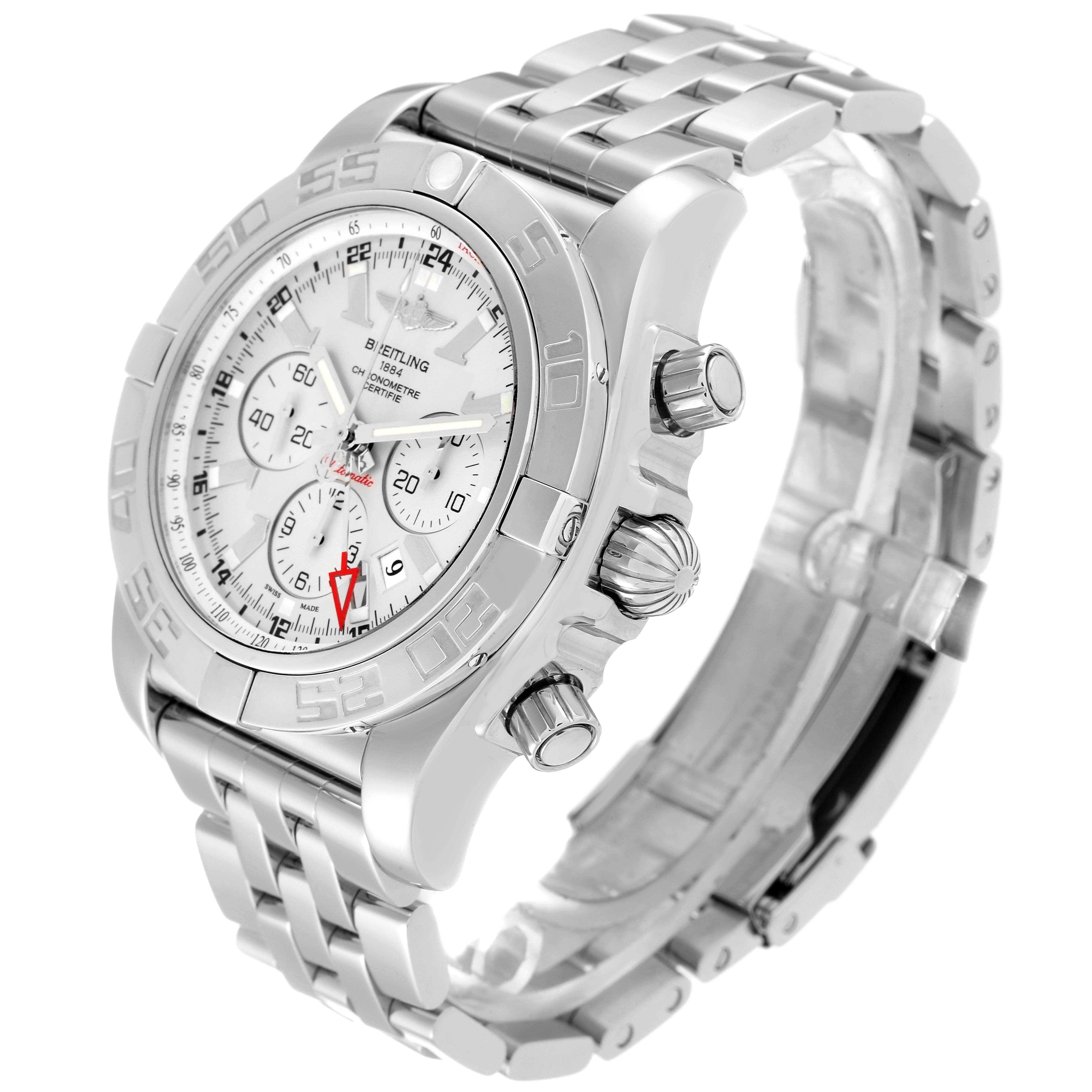This image shows a Breitling Chronomat AB0410 Men
s Stainless Steel Silver Dial AB0410 Men
s Stainless Steel Silver Dial watch at a three-quarter angle highlighting the face, bezel, crown, and bracelet.