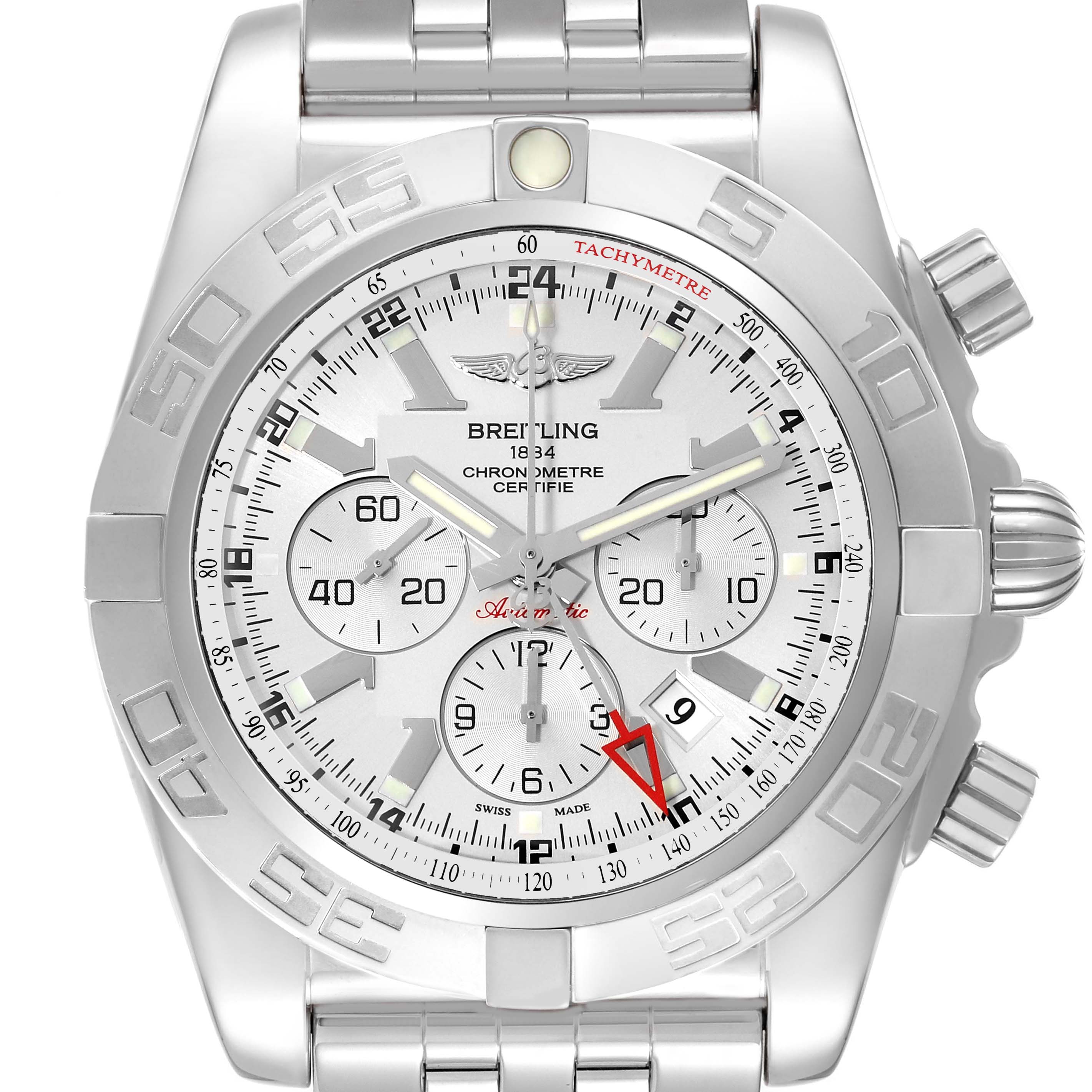 The image shows a front view of the Breitling Chronomat AB0410 Men
s Stainless Steel Silver Dial AB0410 Men
s Stainless Steel Silver Dial watch, highlighting its dial, bezel, and stainless steel bracelet.