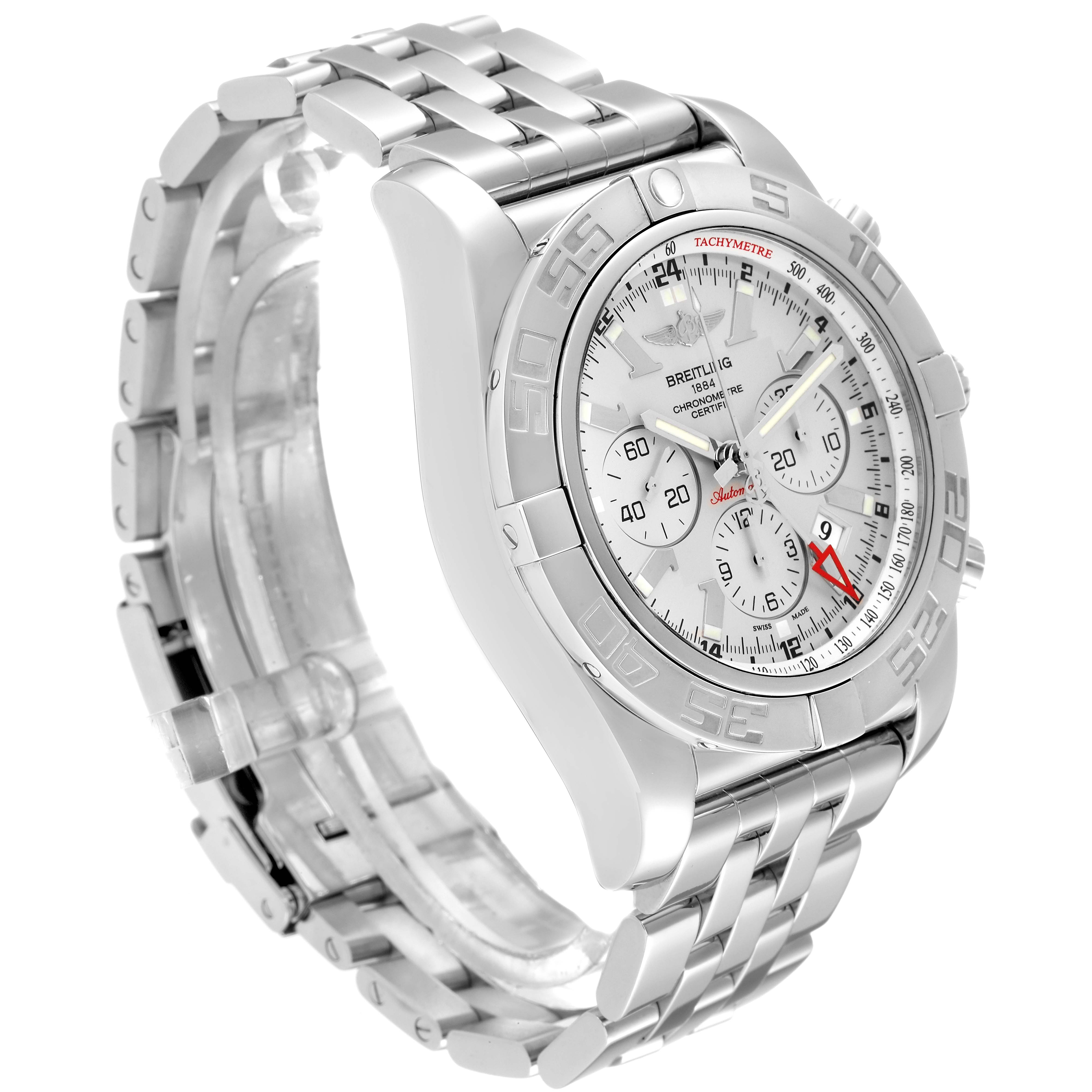 The image shows a Breitling Chronomat AB0410 Men
s Stainless Steel Silver Dial AB0410 Men
s Stainless Steel Silver Dial watch from an upper side angle, highlighting its dial, bezel, and bracelet.