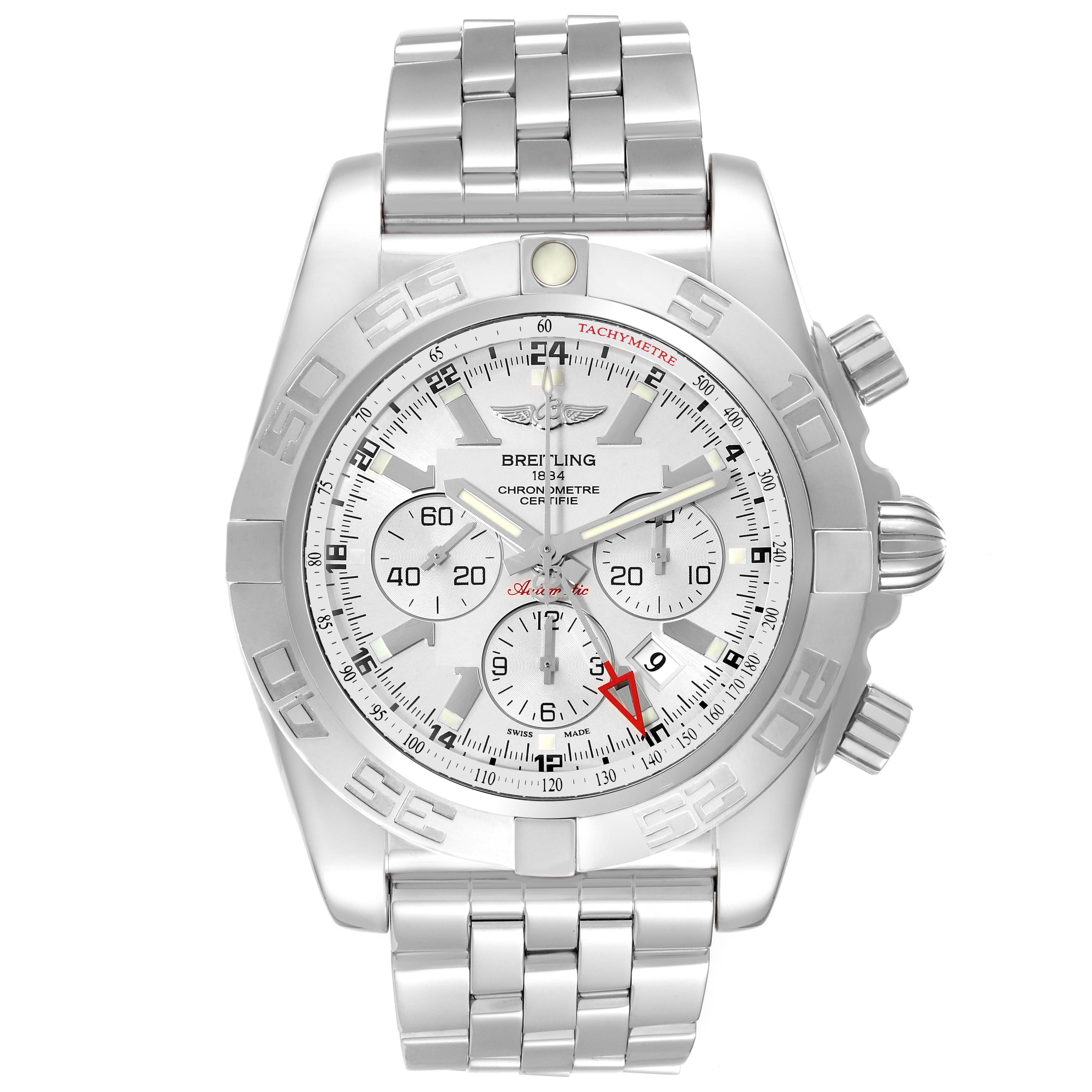 This image shows a Breitling Chronomat AB0410 Men
s Stainless Steel Silver Dial AB0410 Men
s Stainless Steel Silver Dial watch from a top-down view, displaying the face, bezel, and stainless steel bracelet.