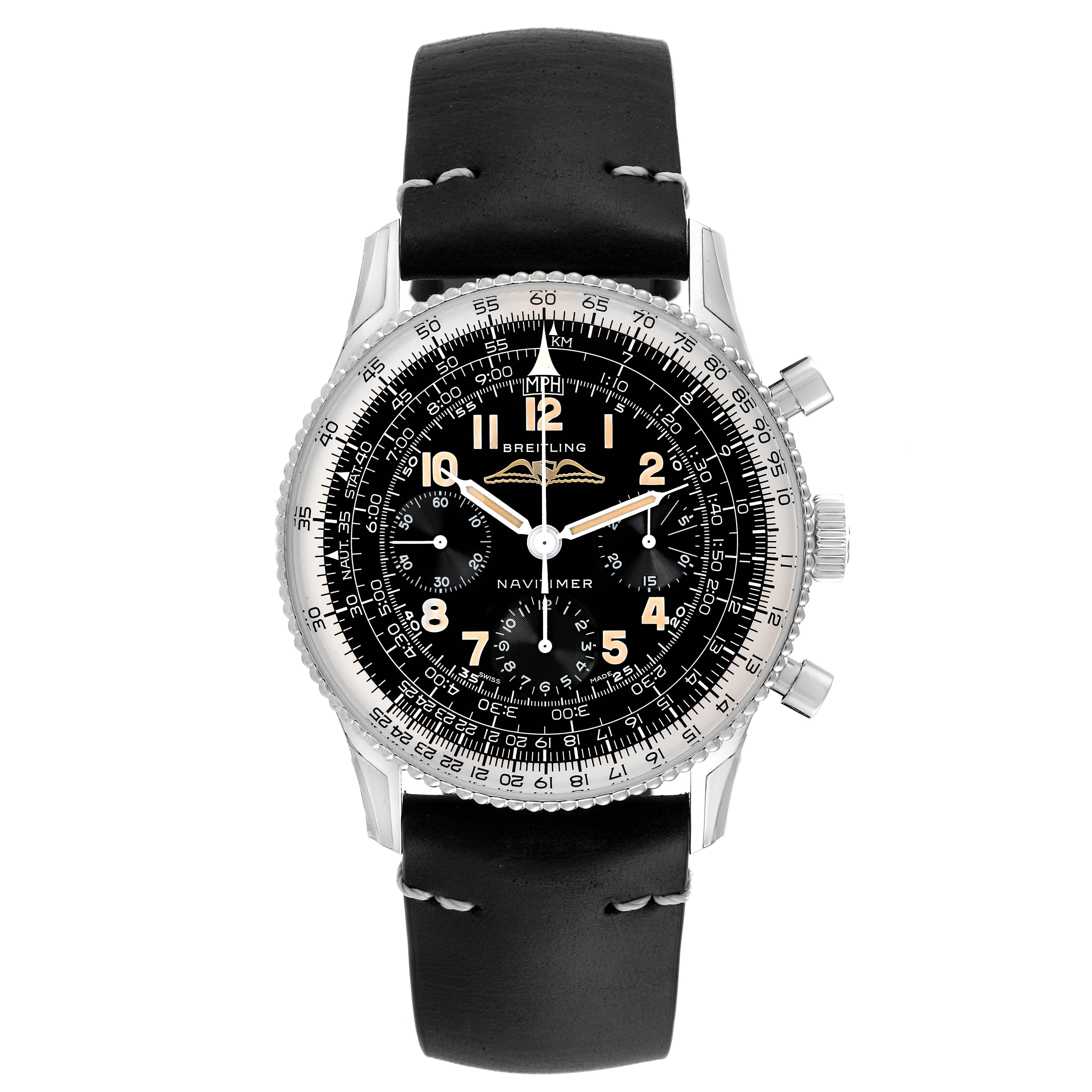The image shows a front view of a Breitling Navitimer AB0910371B1X1 Men's Stainless Steel Black Dial AB0910371B1X1 Men's Stainless Steel Black Dial watch with a black leather strap.