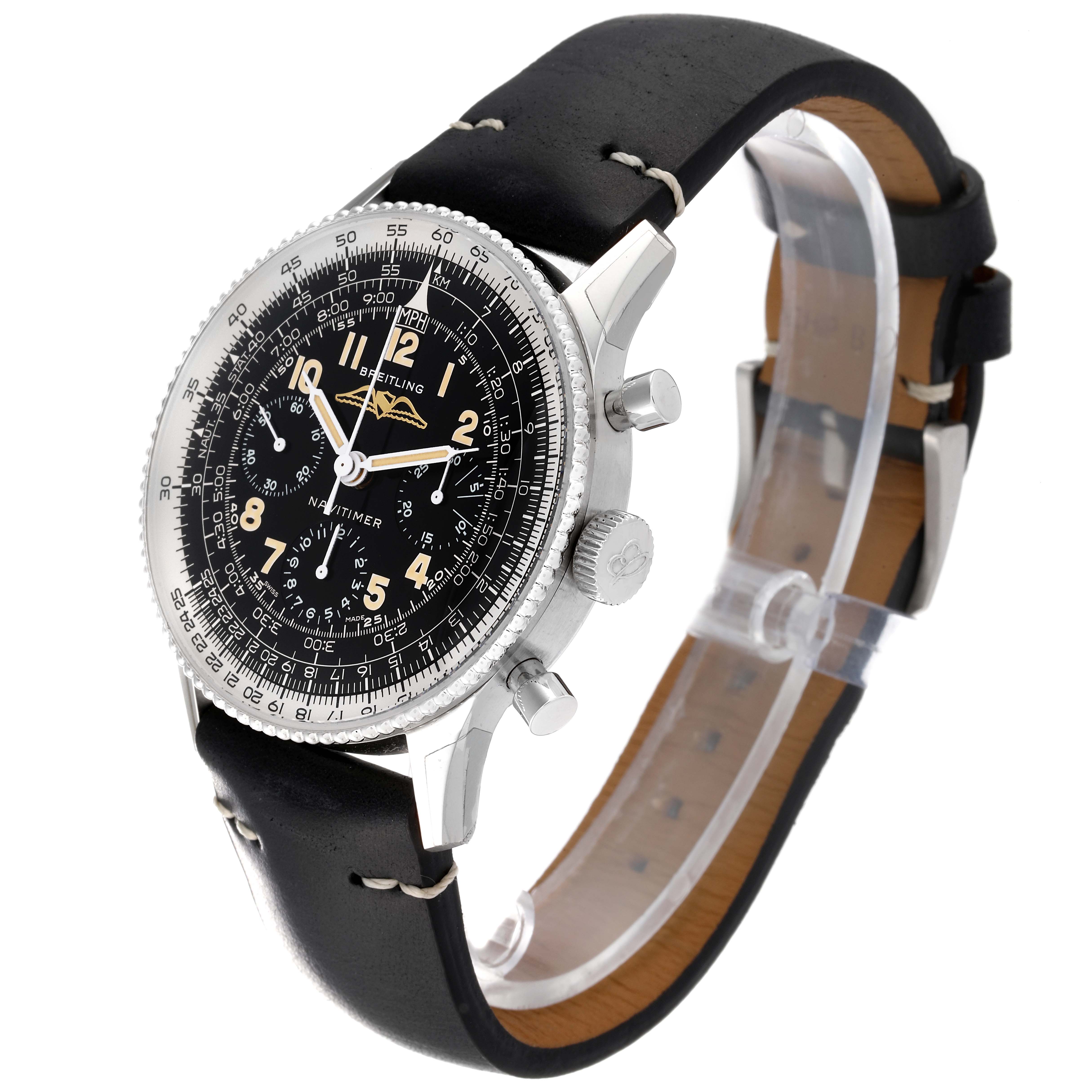 This image shows a mid-angle view of the Breitling Navitimer AB0910371B1X1 Men's Stainless Steel Black Dial AB0910371B1X1 Men's Stainless Steel Black Dial watch, highlighting the black dial, bezel, and leather strap.