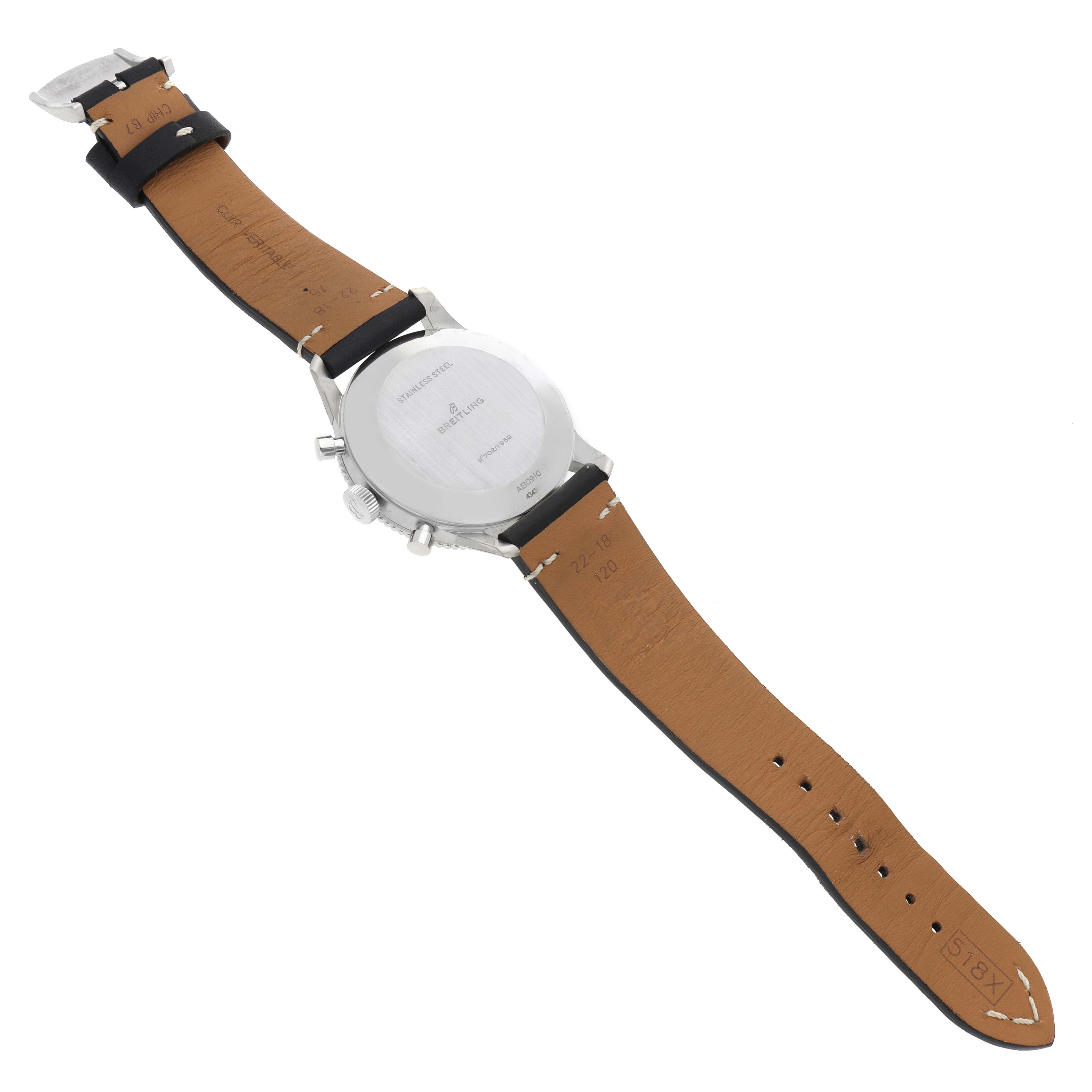 The image shows the back of a Breitling Navitimer AB0910371B1X1 Men's Stainless Steel Black Dial AB0910371B1X1 Men's Stainless Steel Black Dial watch with its leather strap fully extended.