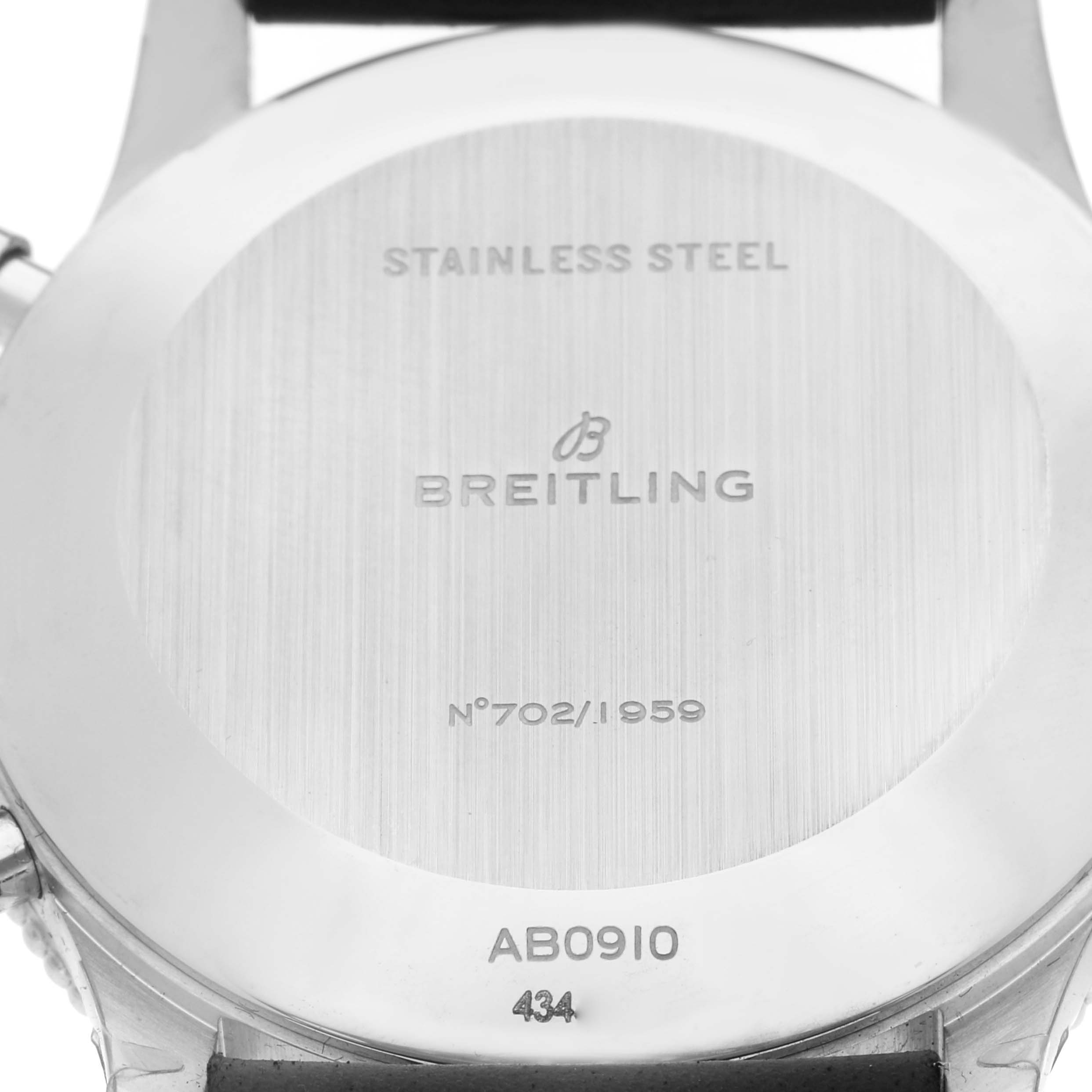 The image shows the back case of a Breitling Navitimer AB0910371B1X1 Men's Stainless Steel Black Dial AB0910371B1X1 Men's Stainless Steel Black Dial watch, displaying engraving details and model information.