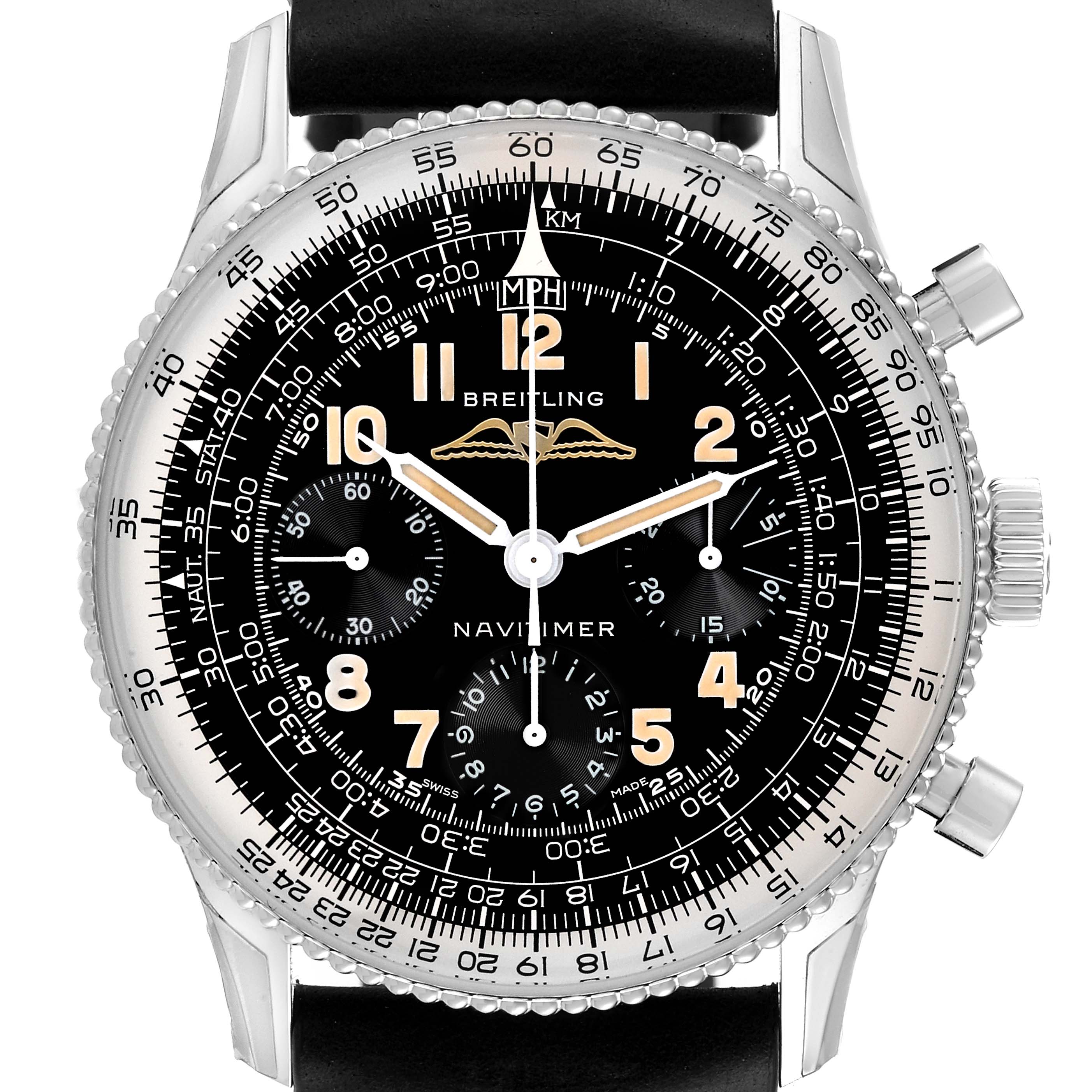 The image shows a front view of a Breitling Navitimer AB0910371B1X1 Men's Stainless Steel Black Dial AB0910371B1X1 Men's Stainless Steel Black Dial watch, highlighting the dial, hands, subdials, and bezel.