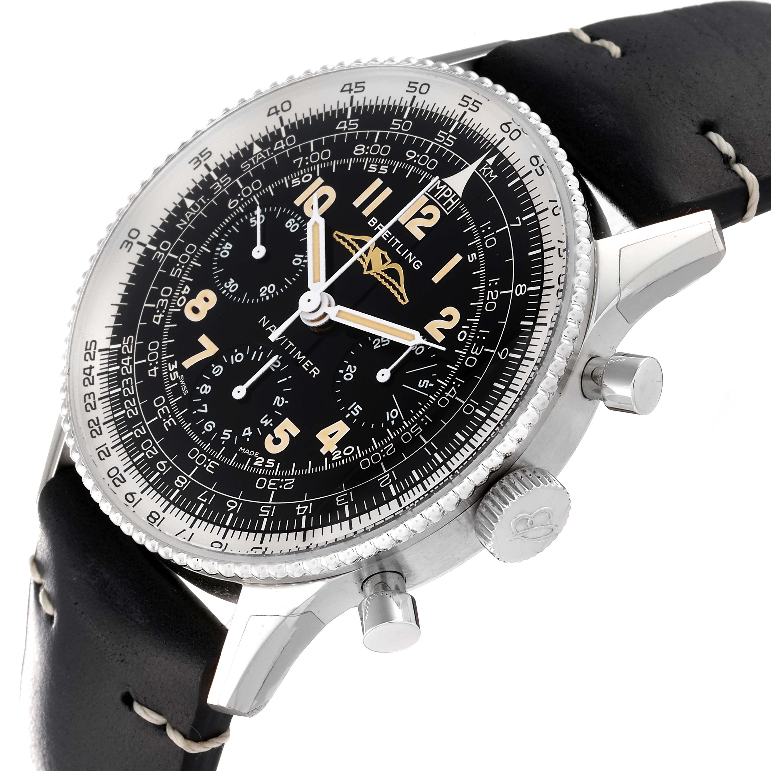 The Breitling Navitimer AB0910371B1X1 Men's Stainless Steel Black Dial AB0910371B1X1 Men's Stainless Steel Black Dial watch is shown from a front angle, displaying its face, crown, pushers, and part of the leather strap.