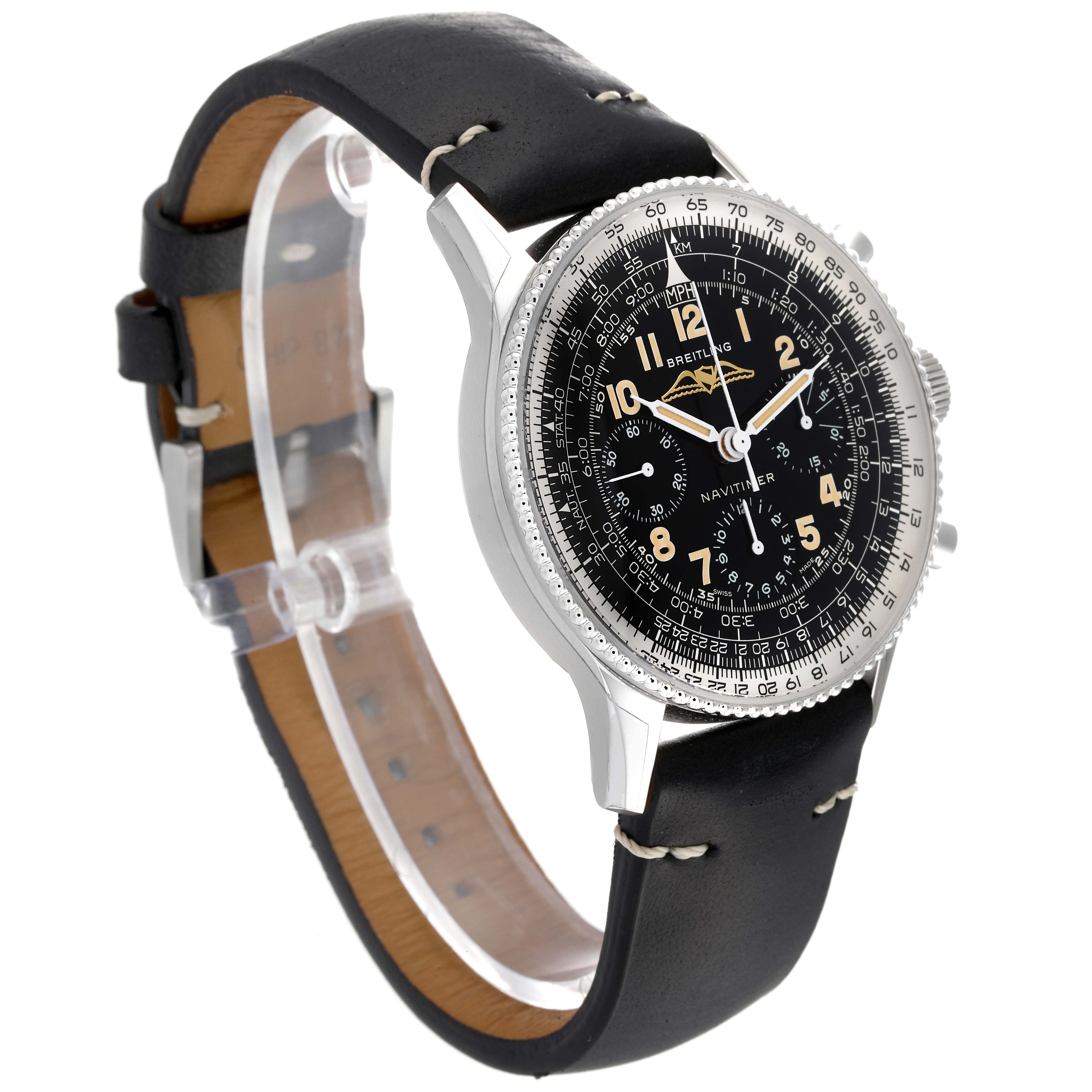 The image shows a Breitling Navitimer AB0910371B1X1 Men's Stainless Steel Black Dial AB0910371B1X1 Men's Stainless Steel Black Dial watch at an angled side view, highlighting its black dial, bezel, and leather strap.