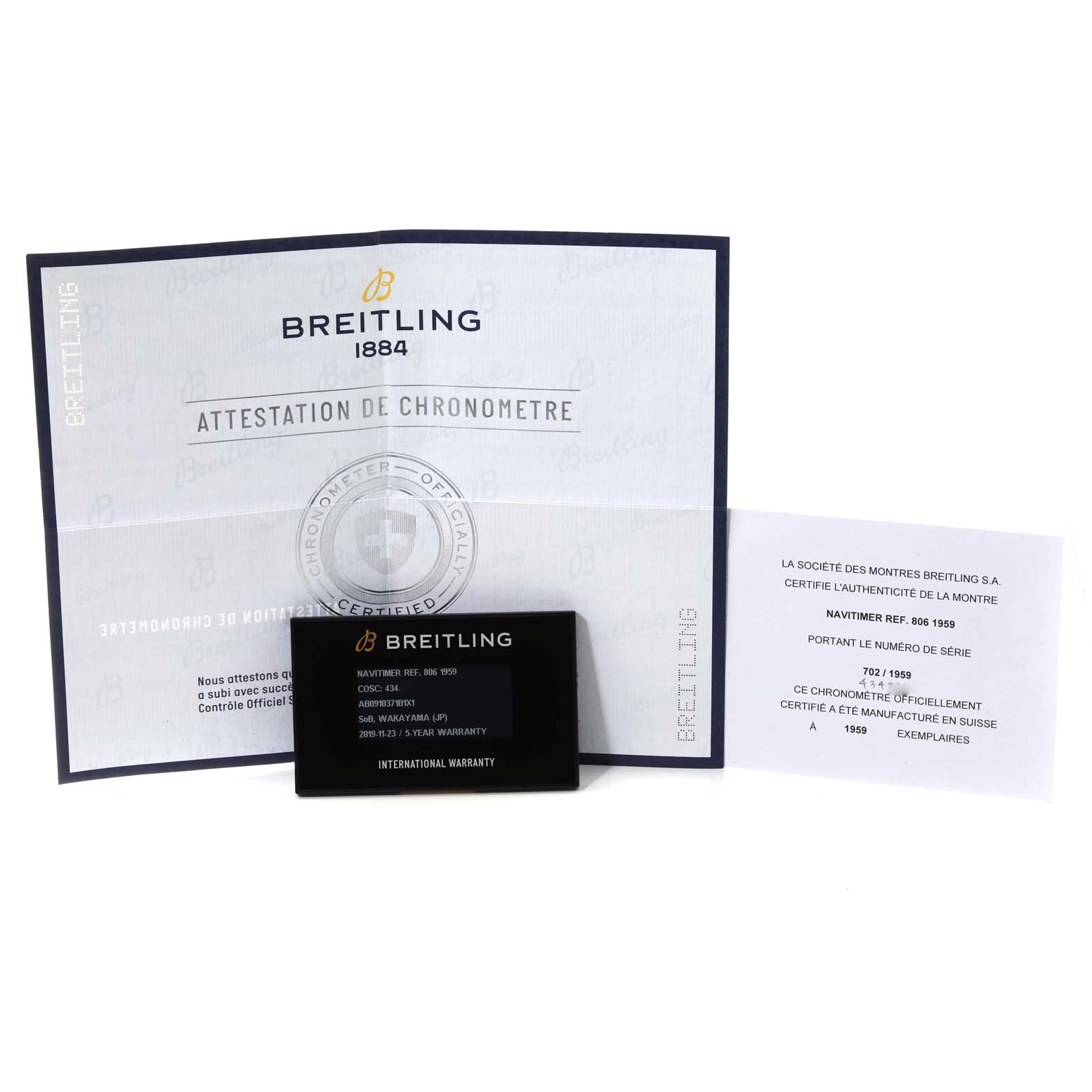 The image shows documentation and a warranty card for the Breitling Navitimer AB0910371B1X1 Men's Stainless Steel Black Dial AB0910371B1X1 Men's Stainless Steel Black Dial watch model.