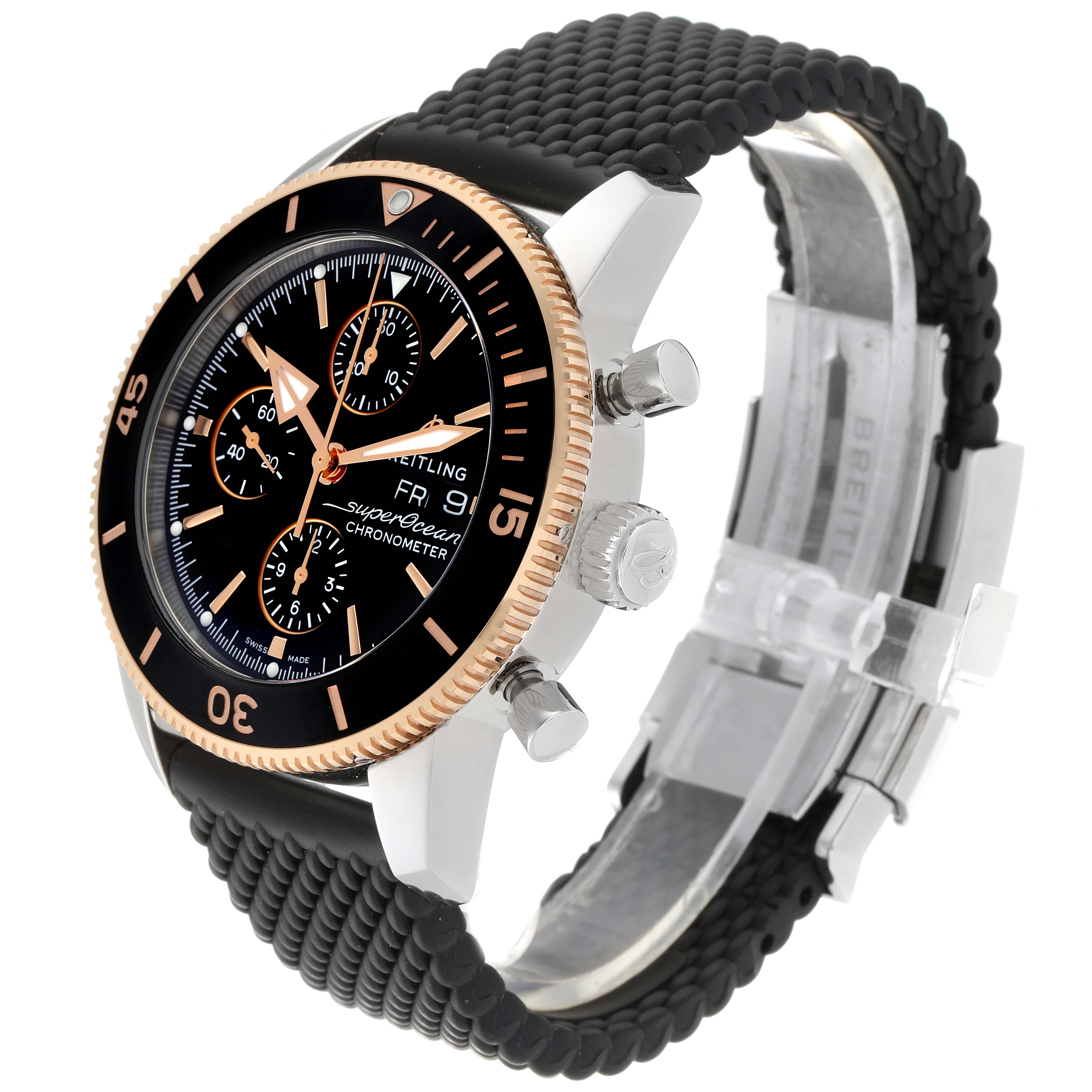 The Breitling Superocean U1331312/BG50/279S/A20D.4 Men's Steel and Gold (two tone) Black Dial U1331312/BG50/279S/A20D.4 Men's Steel and Gold (two tone) Black Dial watch is shown at a three-quarter angle displaying the face, bezel, crown, pushers, and strap.